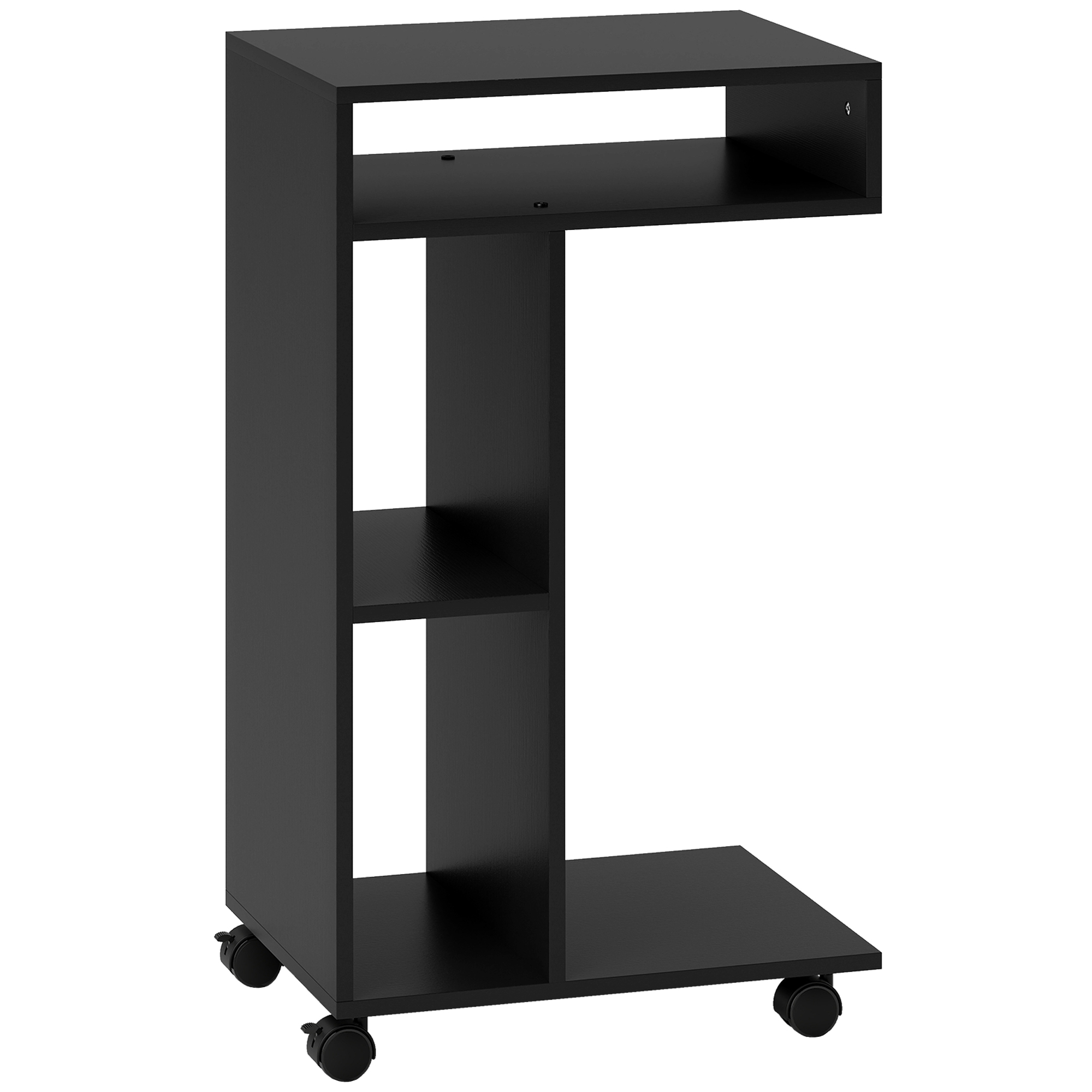Beistelltisch, C-förmiger Servierwagen, 4 Rollen, 3 Fächer, 40 x 30 x 69 cm, Schwarz
