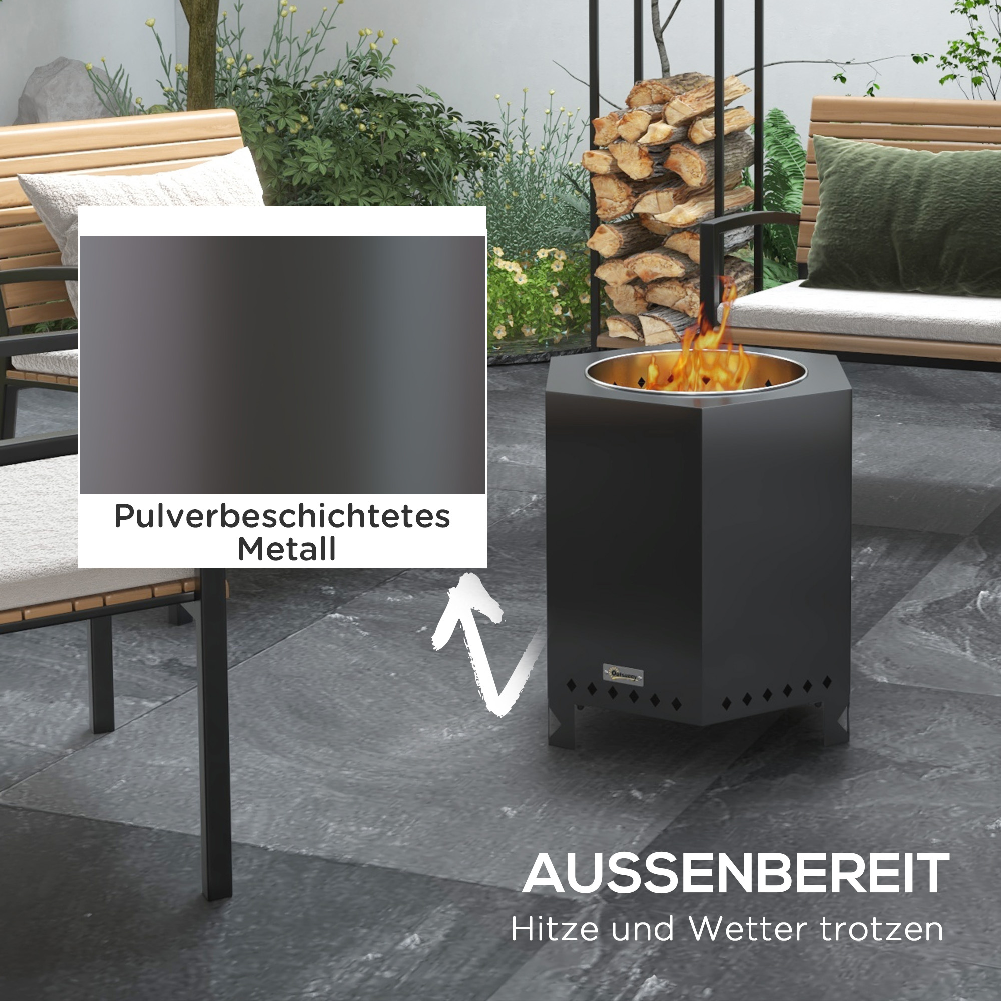 Feuerschale Feuerstelle Feuertonne, inkl. Schürhaken, 45 x 38,8  x 46,5 cm, Silber + Schwarz