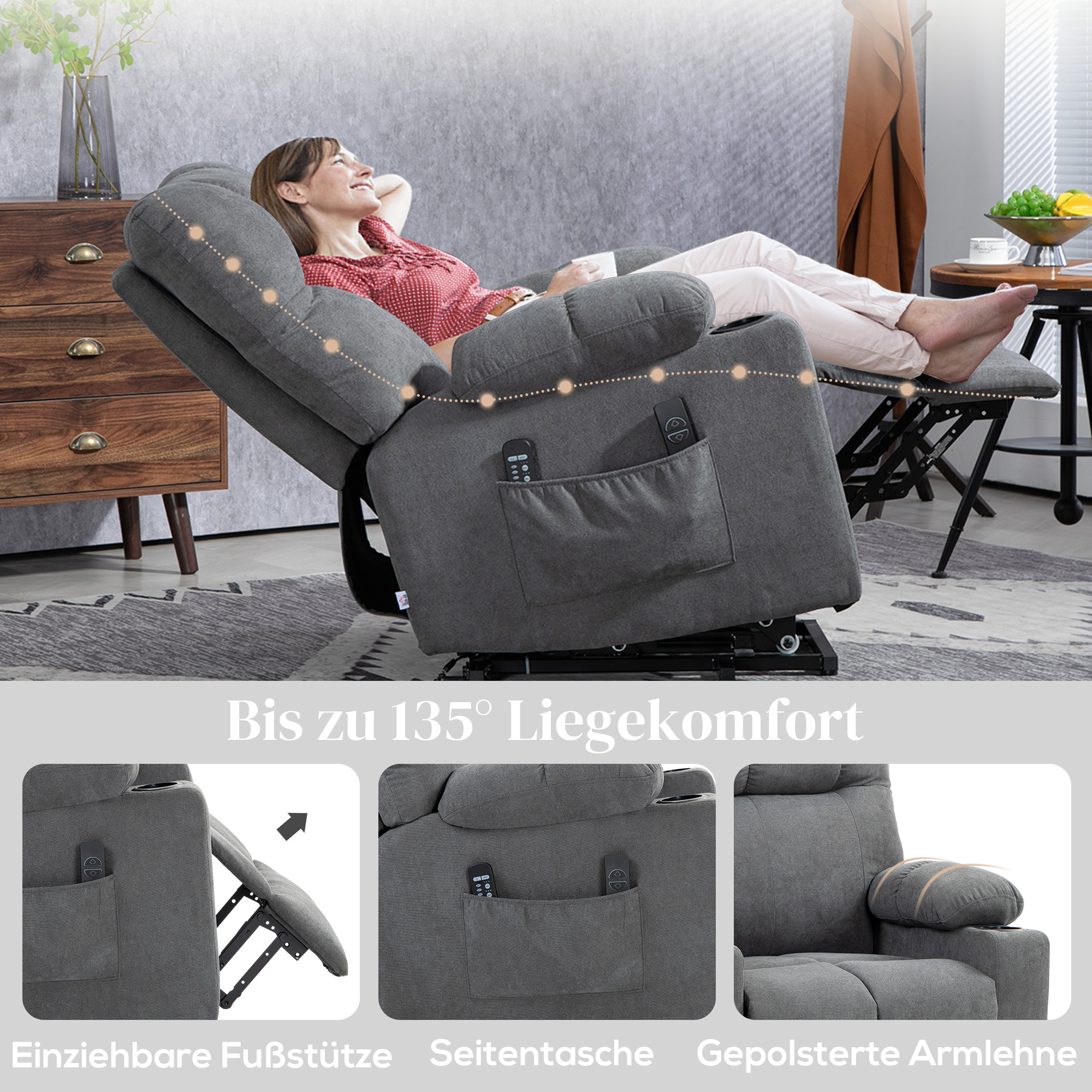 Aufstehhilfe Seniorensessel, Liegefunktion, inkl. Fernbedienung, 144 cm x 91 cm x 88 cm, Grau