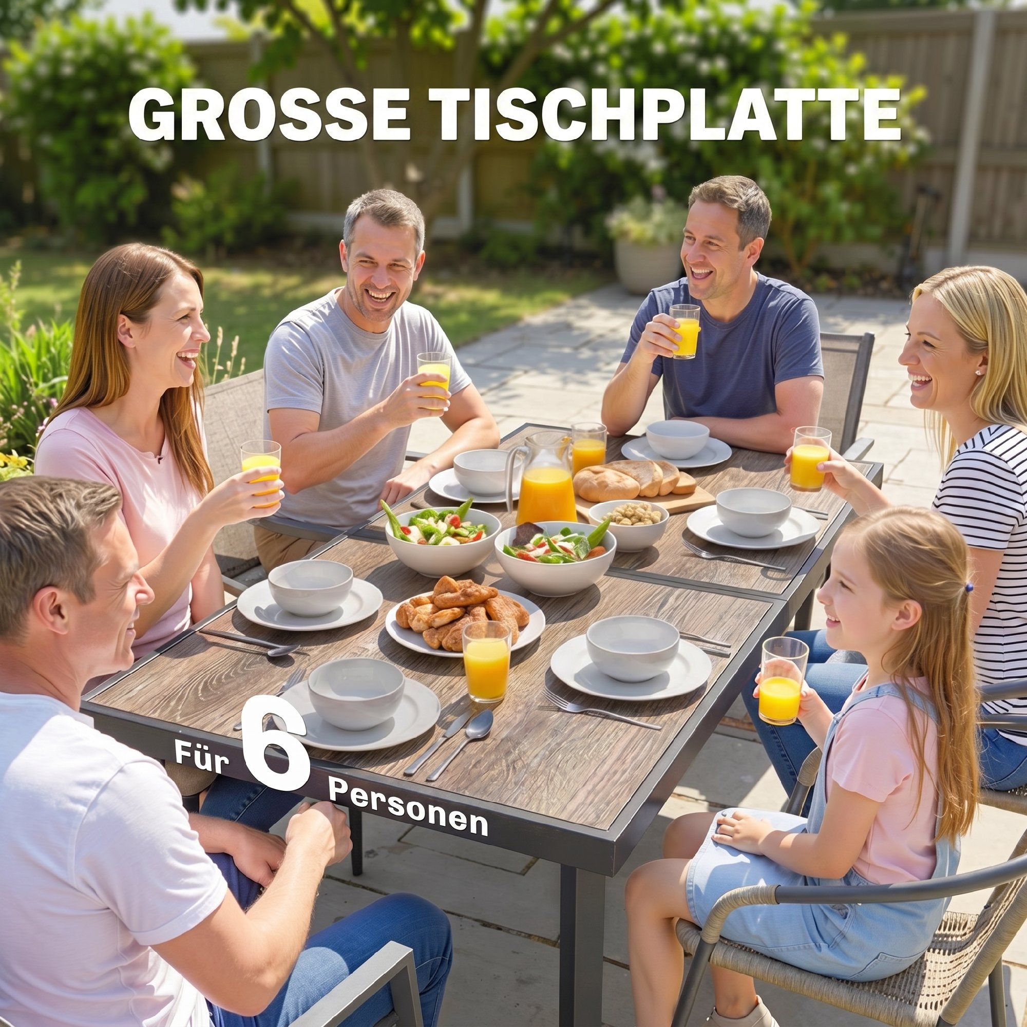 Outdoor Tisch für 6 Personen, Holzoptik, Metallrahmen, wetterfest, 145 x 85 x 72 cm, Grau