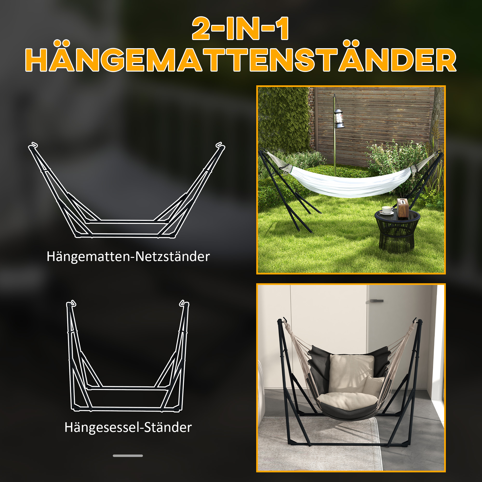 Hängemattengestell inkl. Hängematte Gestell für Hängematte, 263 cm x 89 cm x 100 cm, Schwarz + Weiß