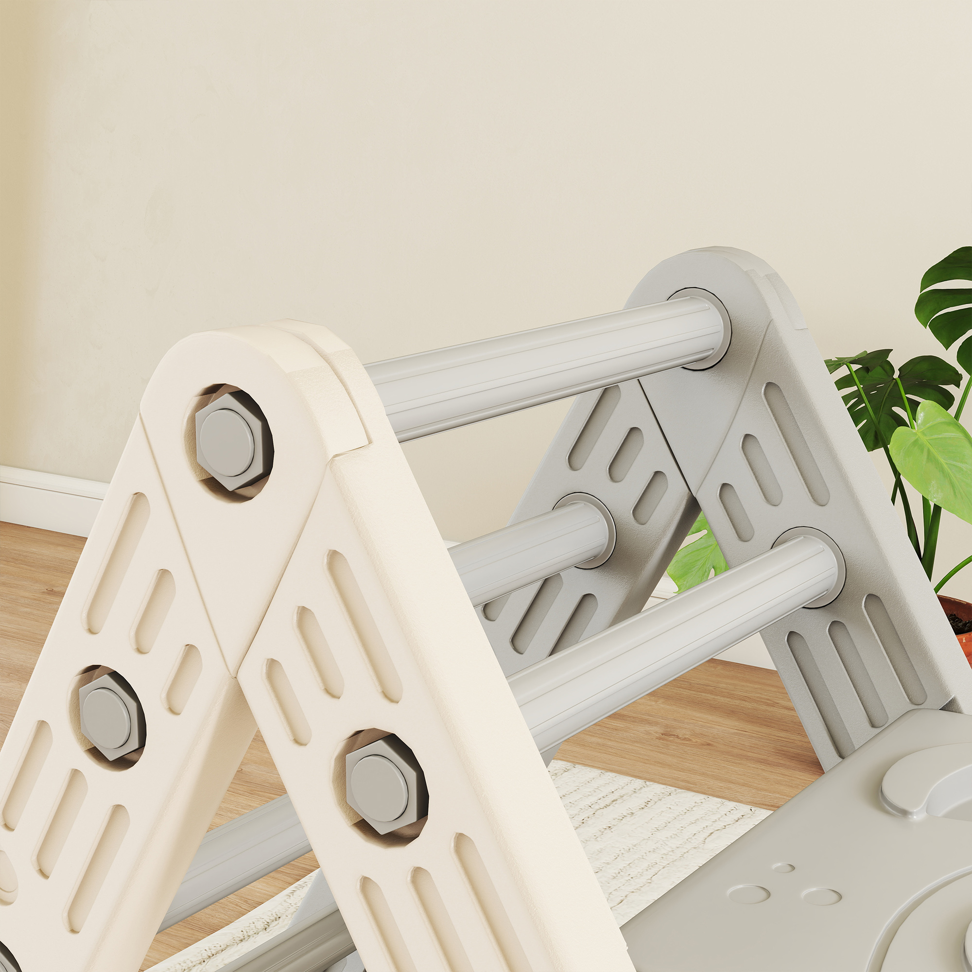 Klettergerüst Indoor, 5 in 1 Kletterdreieck mit Rutsche, Kletterbogen, inkl. doppelseitige Rampe, Spielplatz Indoor für Kinder 18-48 Monate, Grau+Weiß