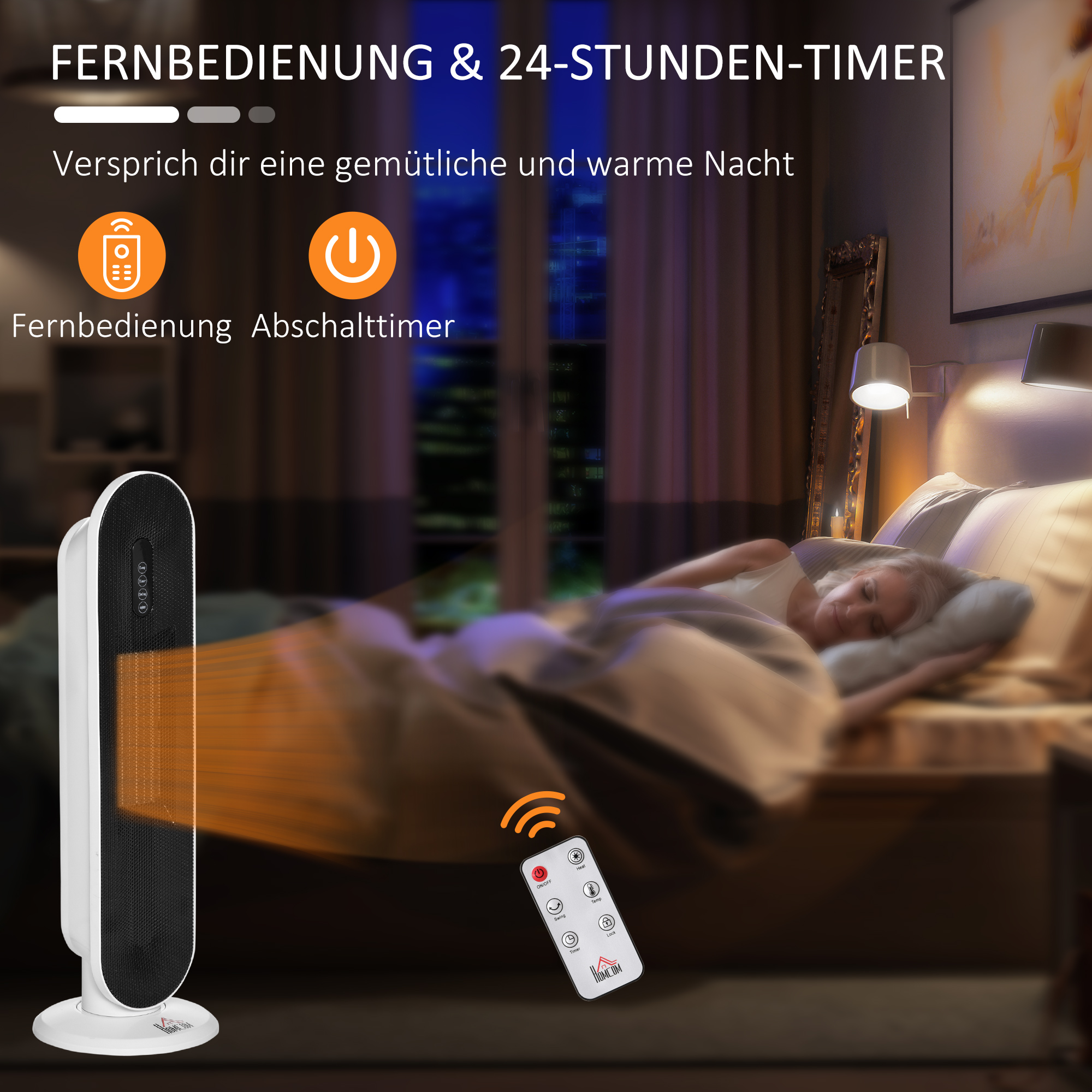 Heizlüfter 24h Stunden-Timer 2000W  2 Modi Oszillation Metall Weiß + Schwarz