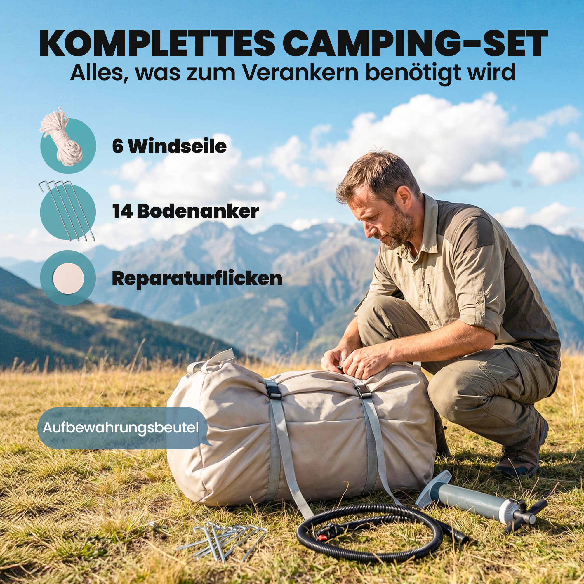 aufblasbares Zelt 5-8 Personen Schneller Aufbau 5000 mm Wasserdicht & Winddicht mit Luftpumpe Kaminöffnung Dachfenster