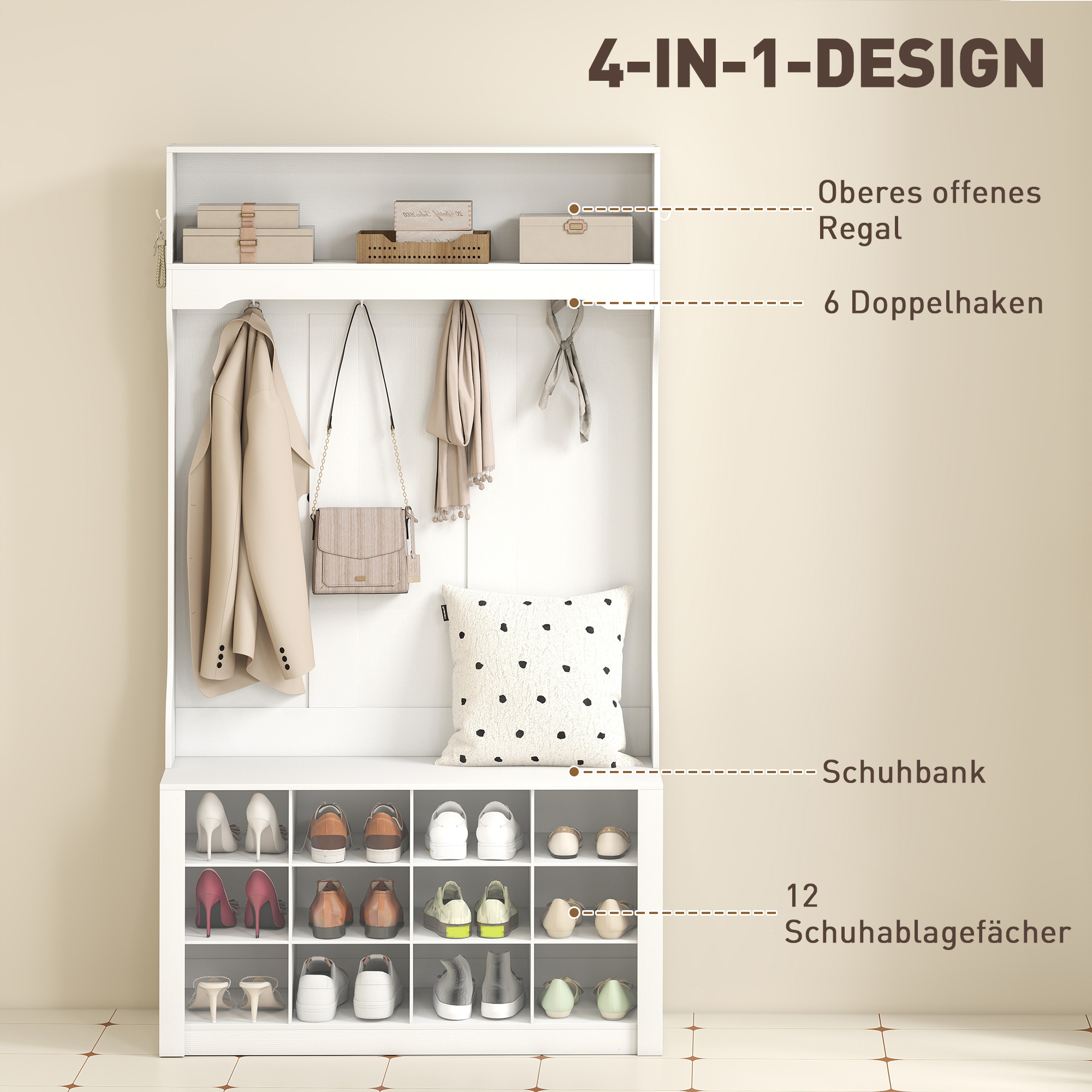 Garderobe mit Regal, Bank, Haken, Schuhfächern, Spanplatten, MDF, Weiß