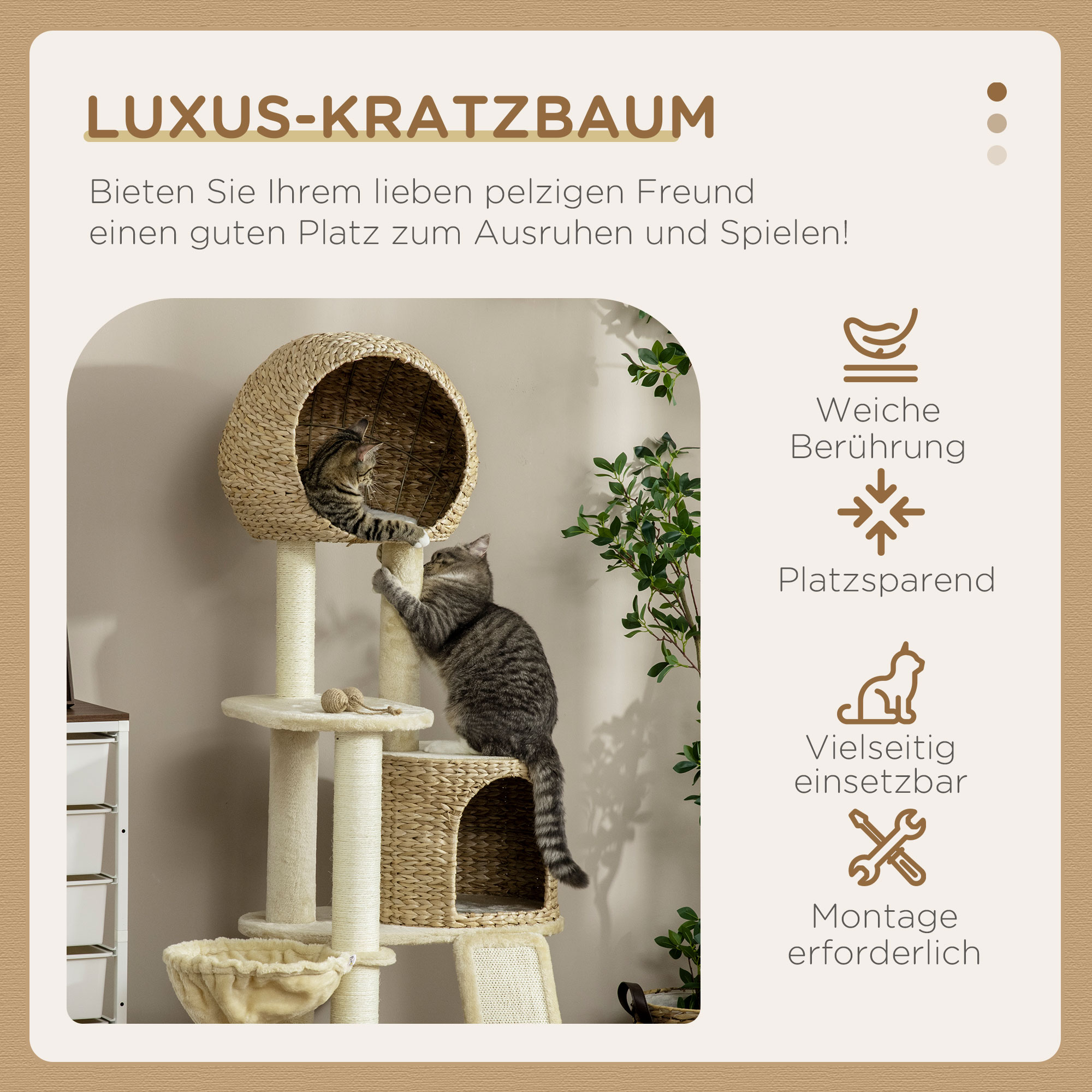 Kratzbaum, mit Katzenhaus, mehrere Plattformen, Hängematte, Kratzmatte, Kippschutz, beige, 60 x 60 x 150cm