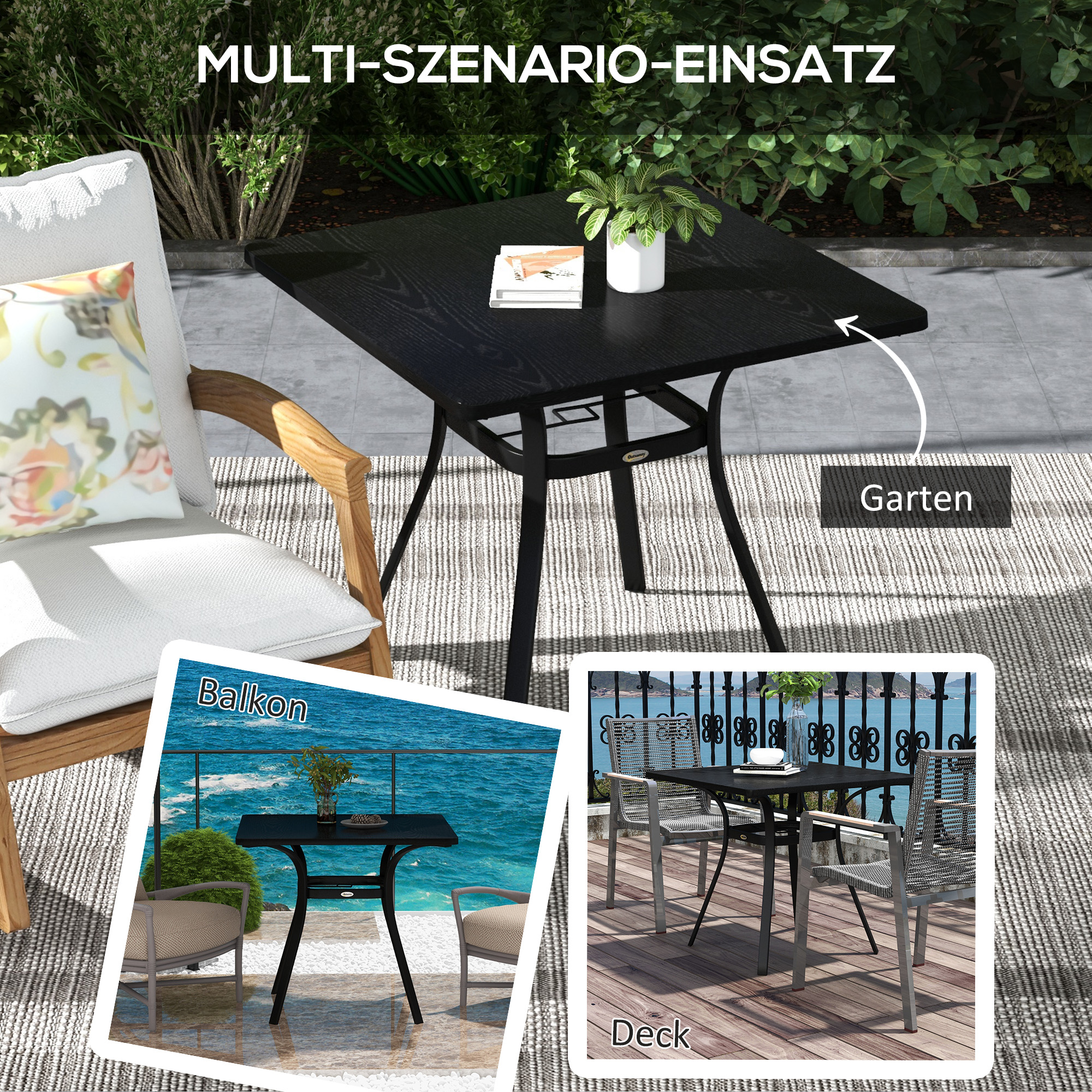Outdoor Tisch für 4 Personen, Stahlgestell, 80L x 80B x 72H cm, Schwarz