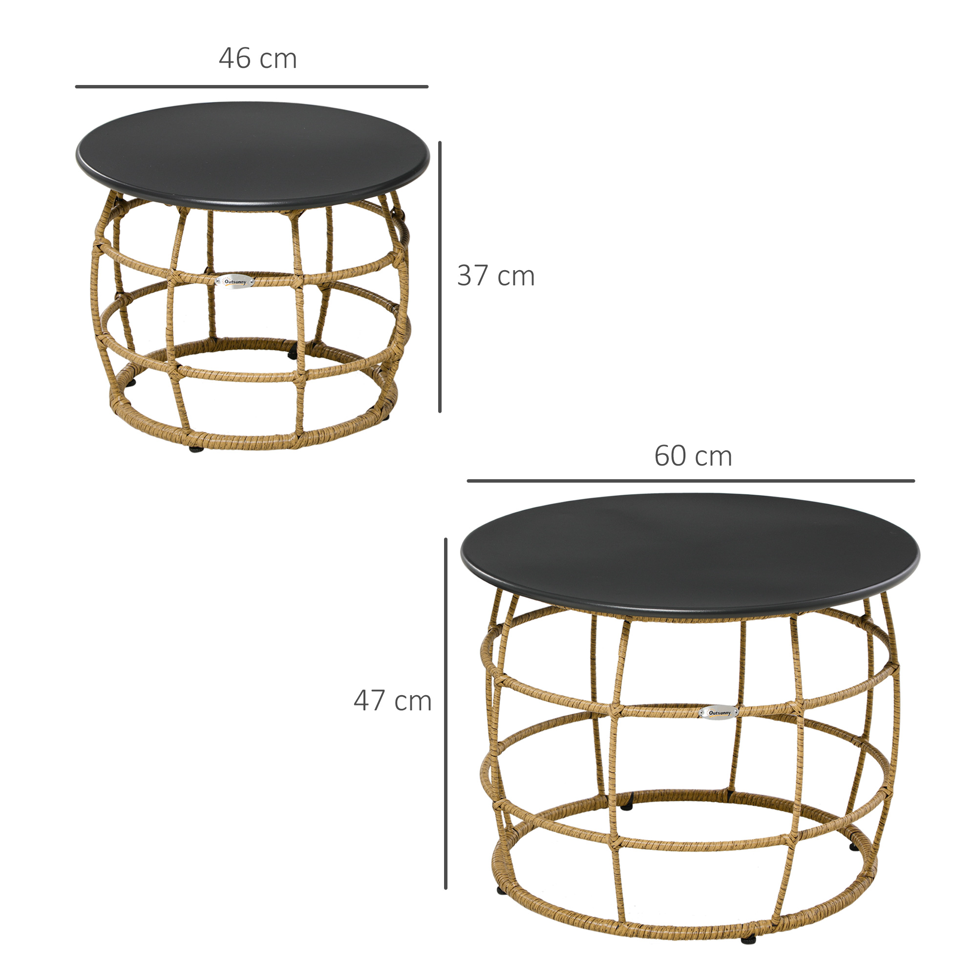 2er-Set Gartentische im Boho-Stil, wetterbeständig, stapelbar, 60 cm x 60 cm x 47 cm, Natur + dunkelgrau