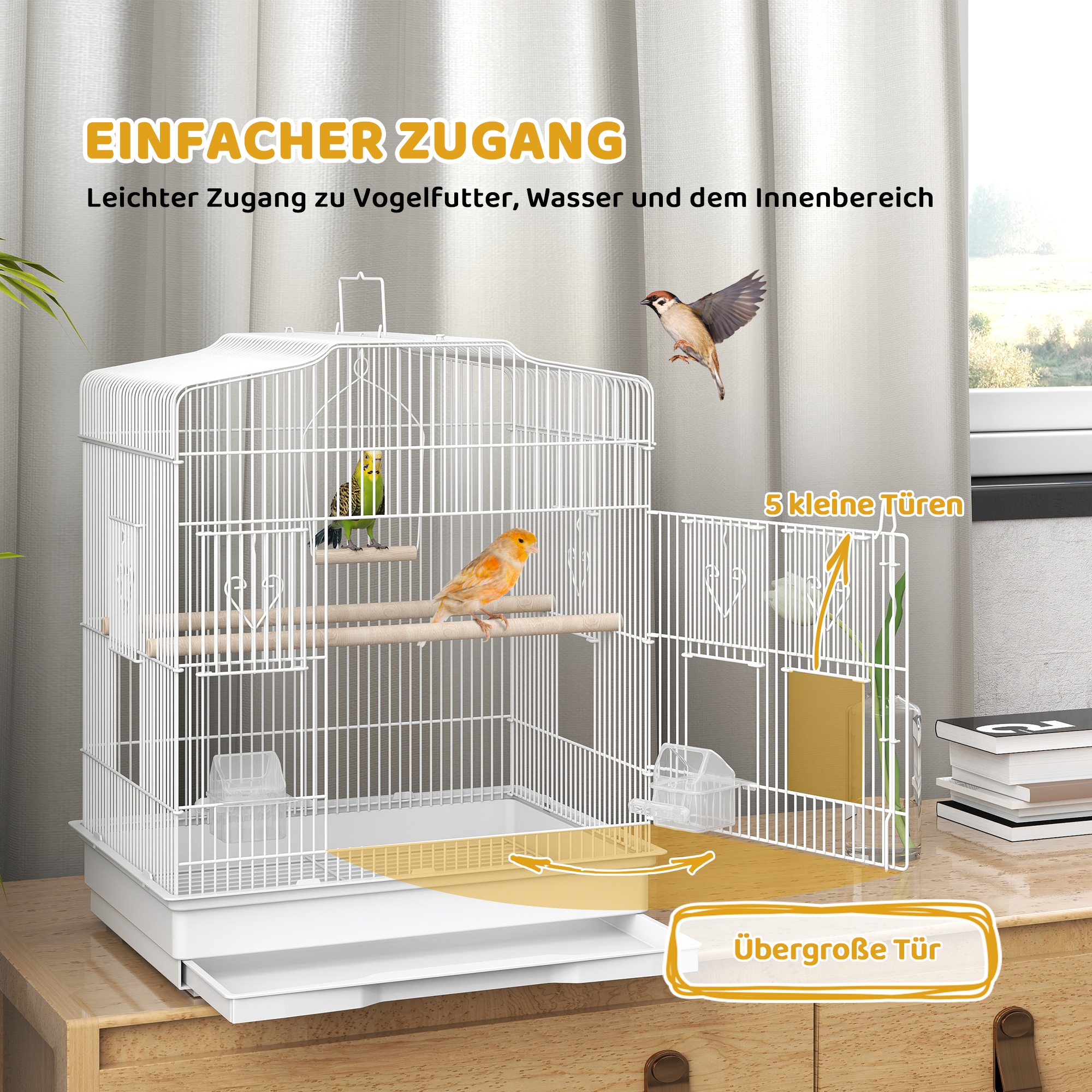 Vogelkäfig im Vintage-Design für kleine Vogelarten inkl. Zubehör 46,5 x 36 x 59 cm Stahl, Holz, Weiß+Natur