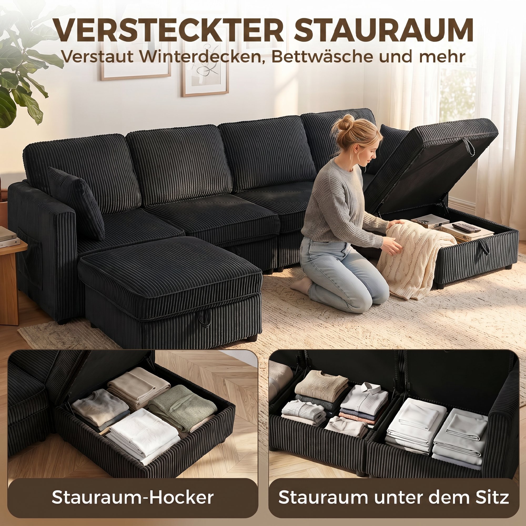 Ecksofa 4-Sitzer U-Form Sofa mit Stauraum-Ottomane, 306 cm Eckcouch mit Cord-Optik, 4 Kissen, für Wohnzimmer