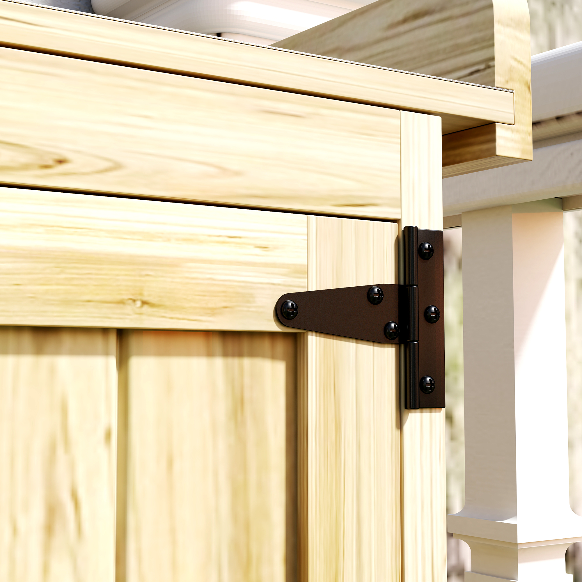 Gartenschrank, Werkzeugschrank für den Außenbereich, mit Arbeitsfläche, Holz und Edelstahl, Doppeltüren, Naturholz