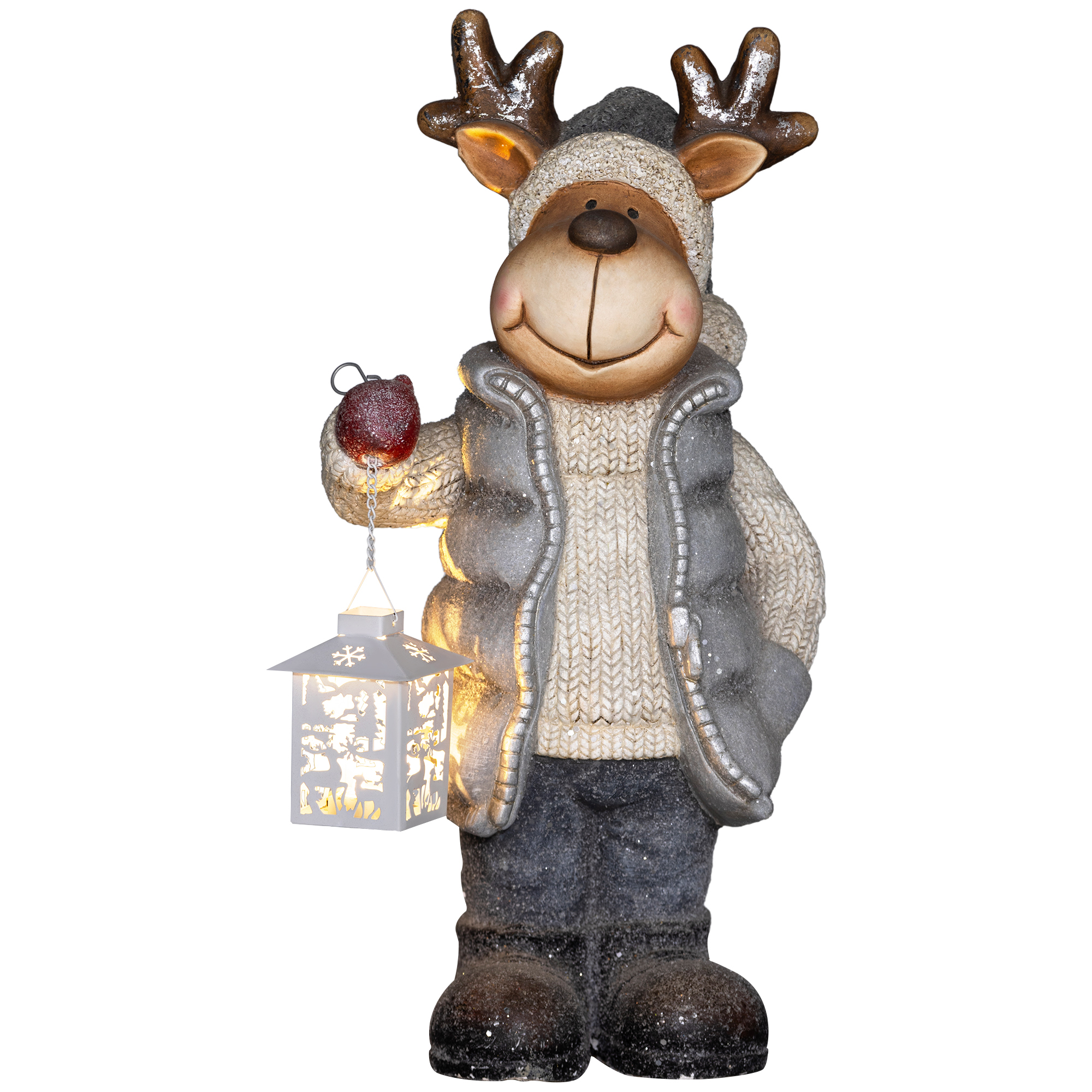 Weihnachtsdeko, Rentier mit Laterne, LED, batteriebetrieben, 25,5 x 19,5 x 52 cm