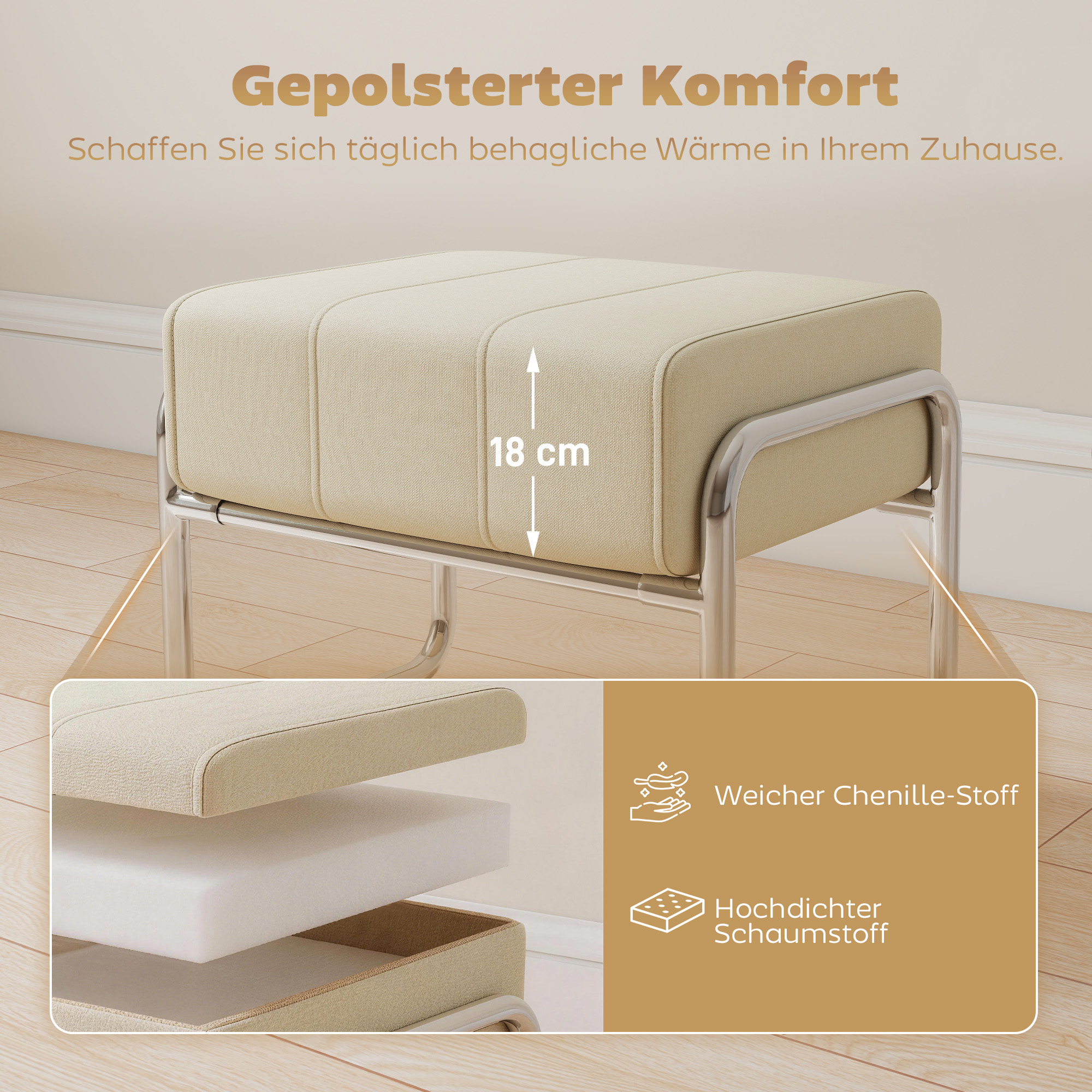Fußhocker Sitzhocker Dick Gepolstert Hocker mit Chenille-Stoff Stahlbeinen für Schlafzimmer, Beige