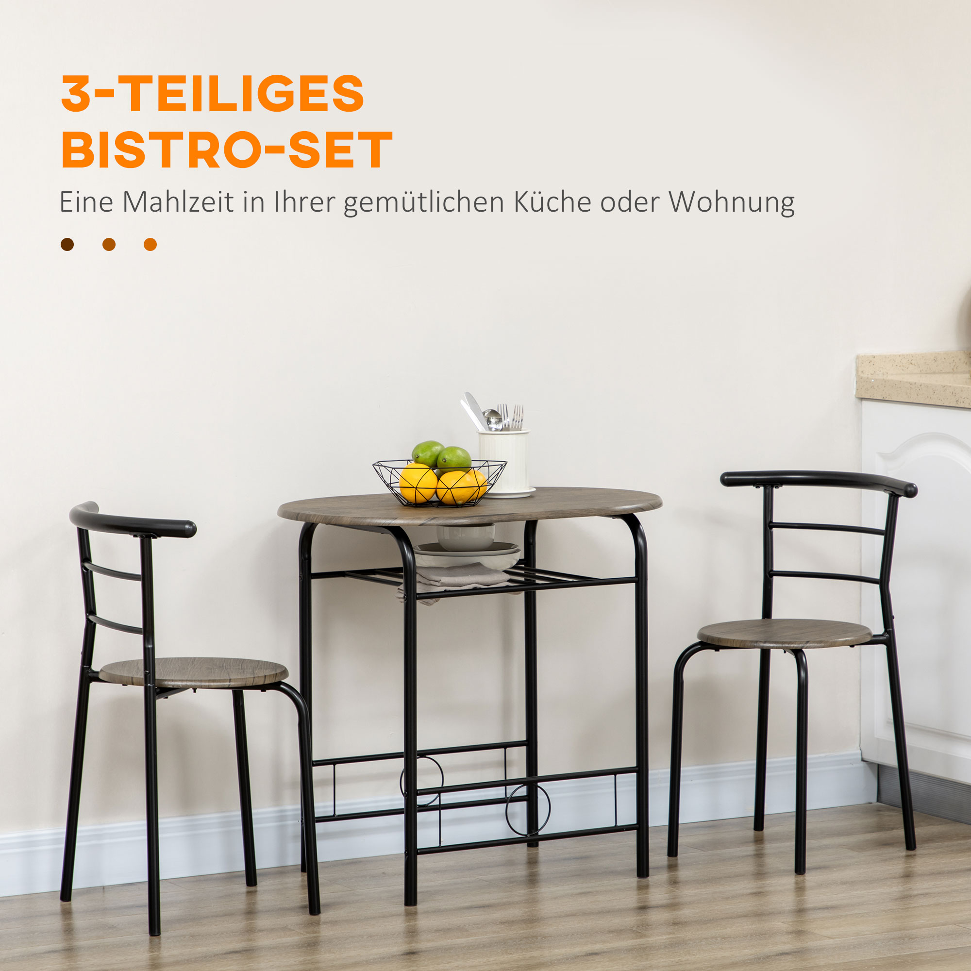 Bistro-Set Esstisch Küchentisch mit Stühlen Set, 1 Tisch, 2 Stühle, 80 cm x 53 cm x 74,5 cm, Schwarz