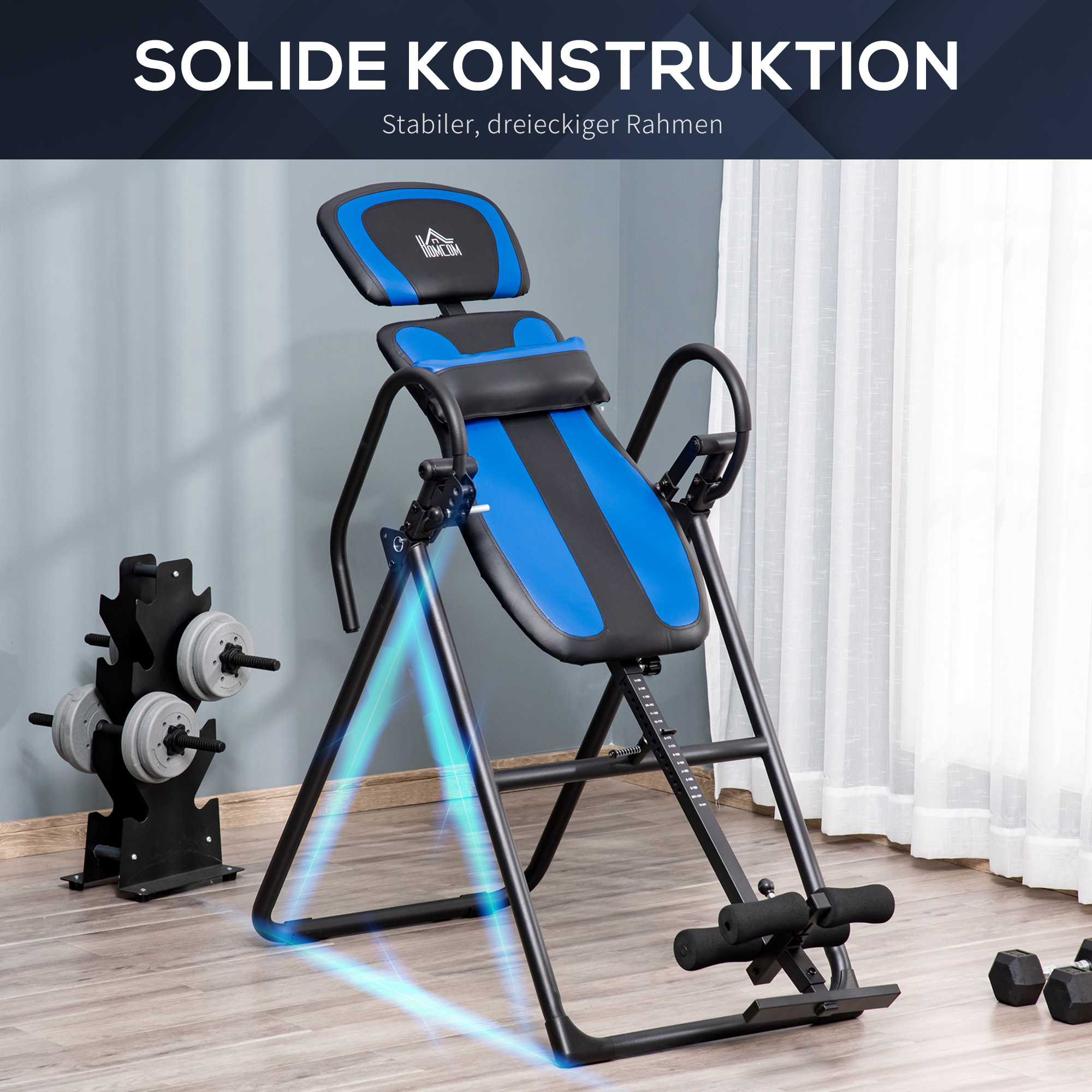Inversionsbank klappbarer Schwerkrafttrainer mit zwei beweglichen Rädern eingestellt Rückenpolster Metall ABS Schwarz+Blau 132 x 71 x 145 cm