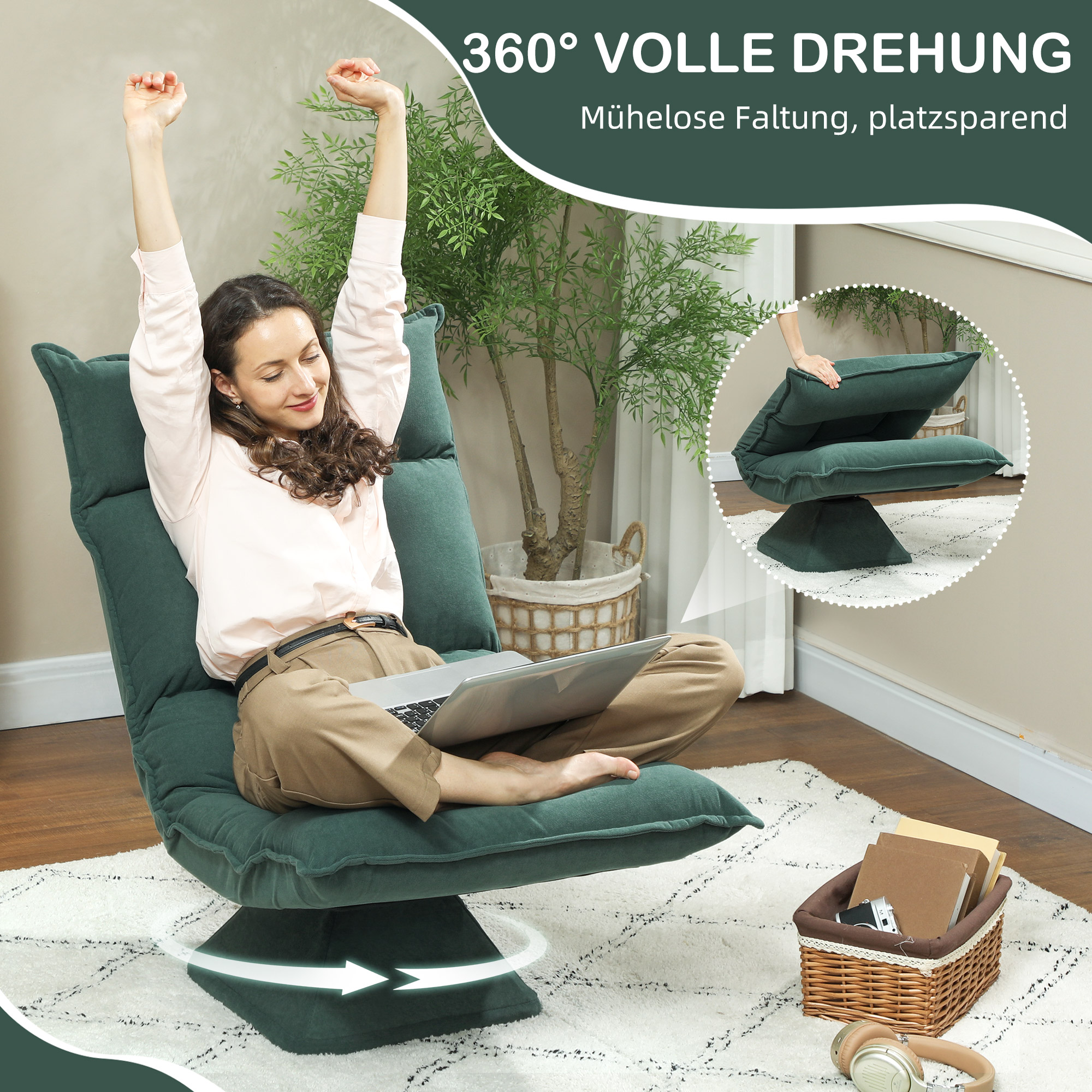 Bodensessel mit 5-fach verstellbarer Rückenlehne, drehbar, moderner Polsterstuhl, Grün