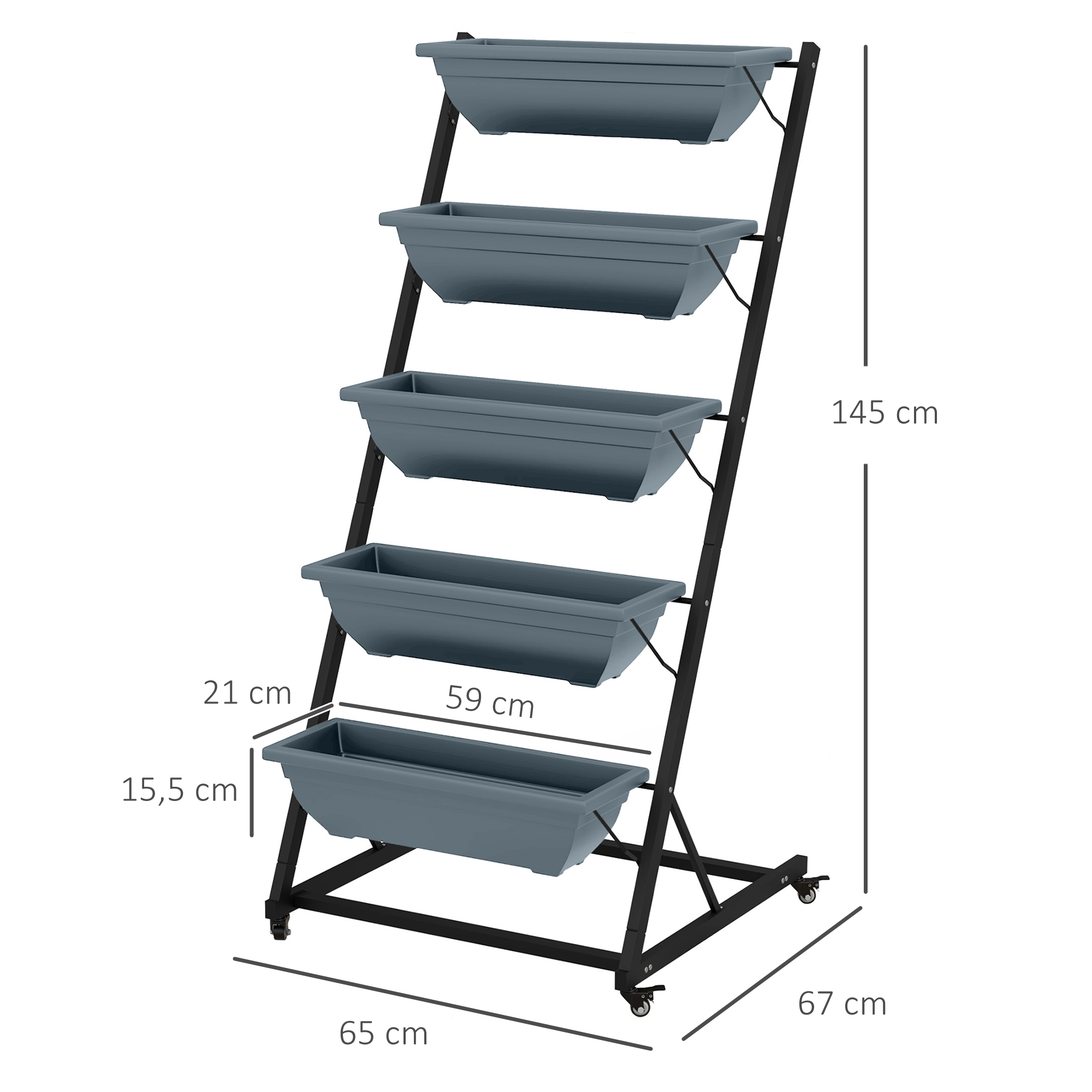 Pflanzentreppe Blumentreppe Pflanzenregal, stapelbar, wetterbeständig, 65 x 67 x 145 cm, Grau + Schwarz