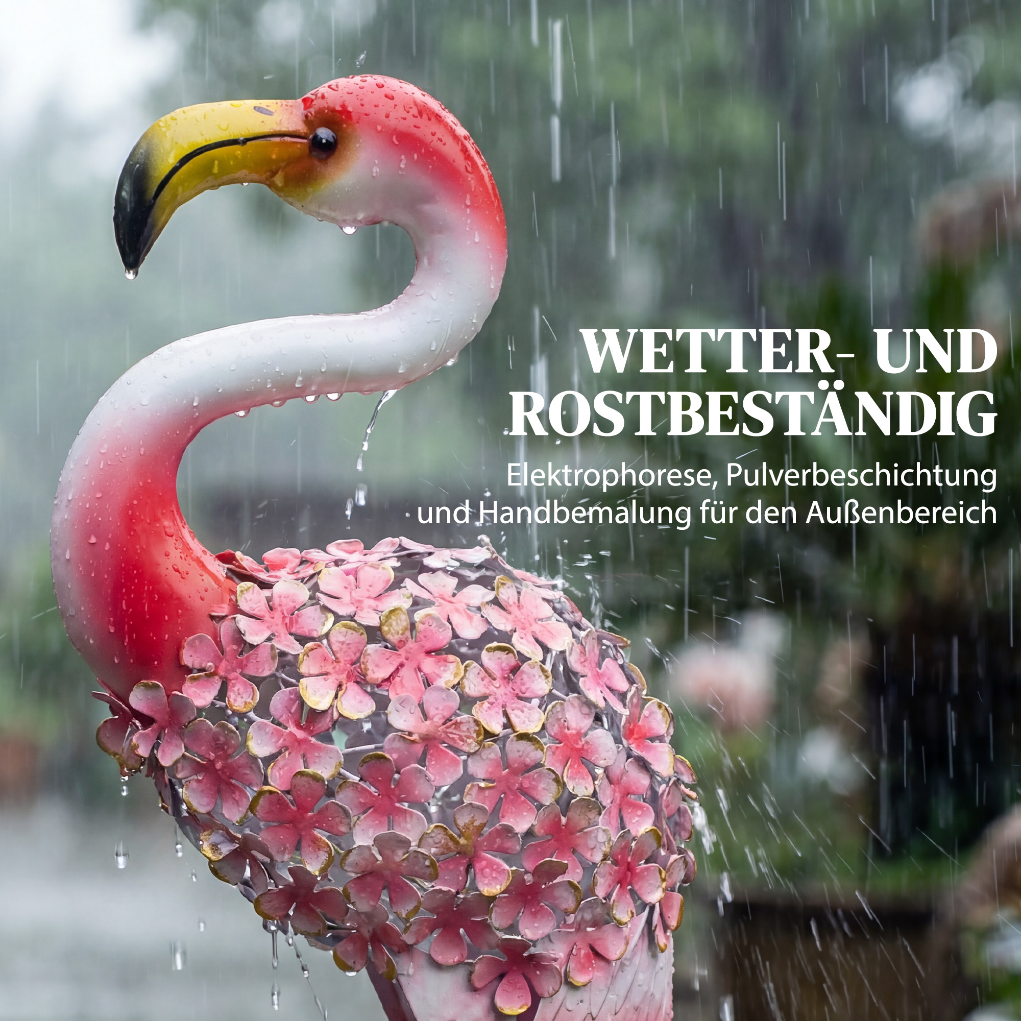 Flamingo Gartenstatuen Set aus 2, Florale Feder-Metallvögel, Stehende Skulpturen mit Bodenankern, Rot