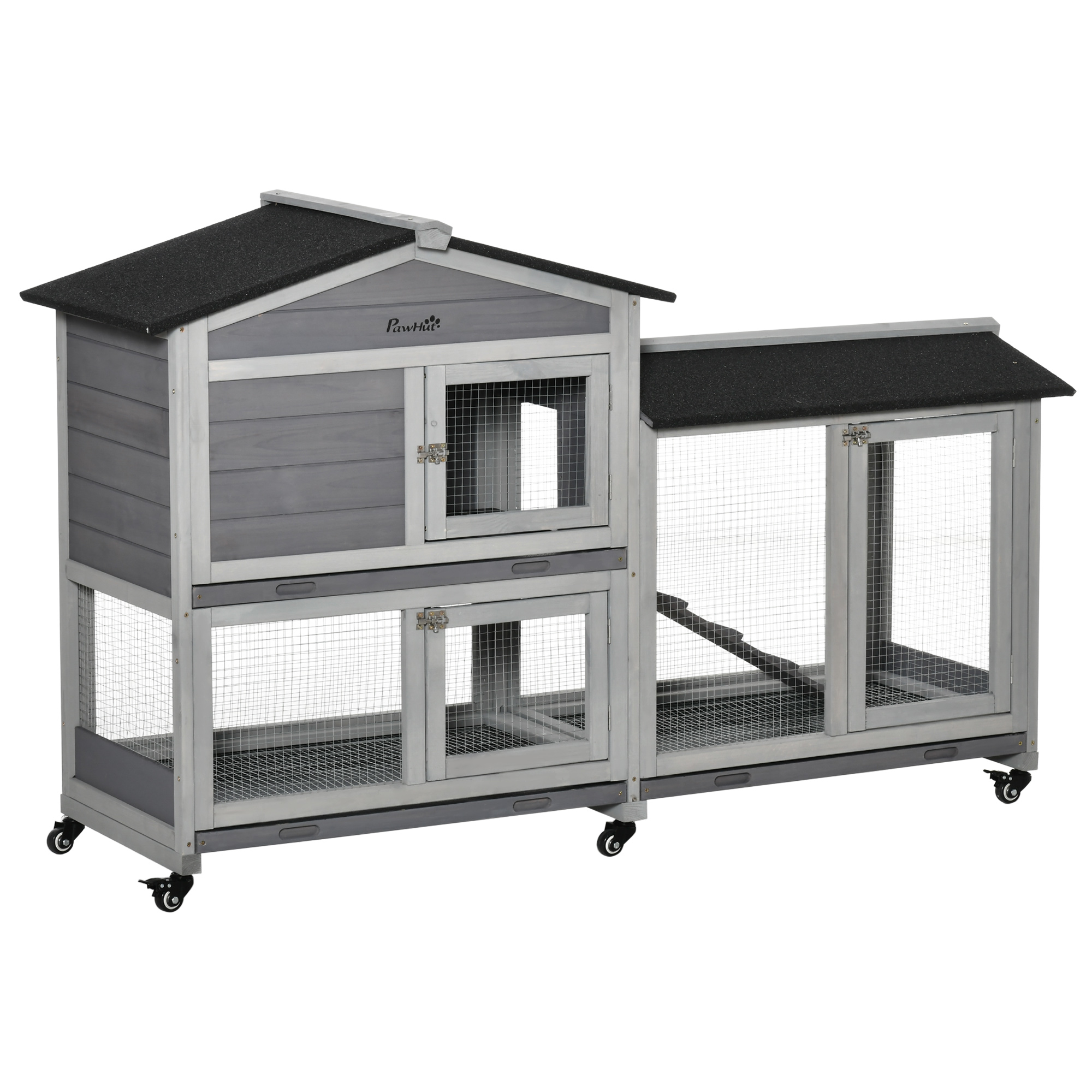 Hasenstall 2 Etagen Kaninchenstall aus Holz 157,4 x 53 x 99,5 cm Kaninchenkäfig mit wetterfest Bitumendach, Freilaufgehege, Rampe, Tür, Stahlgitter, Hasenkäfig für Kaninchen, Outdoor Grau