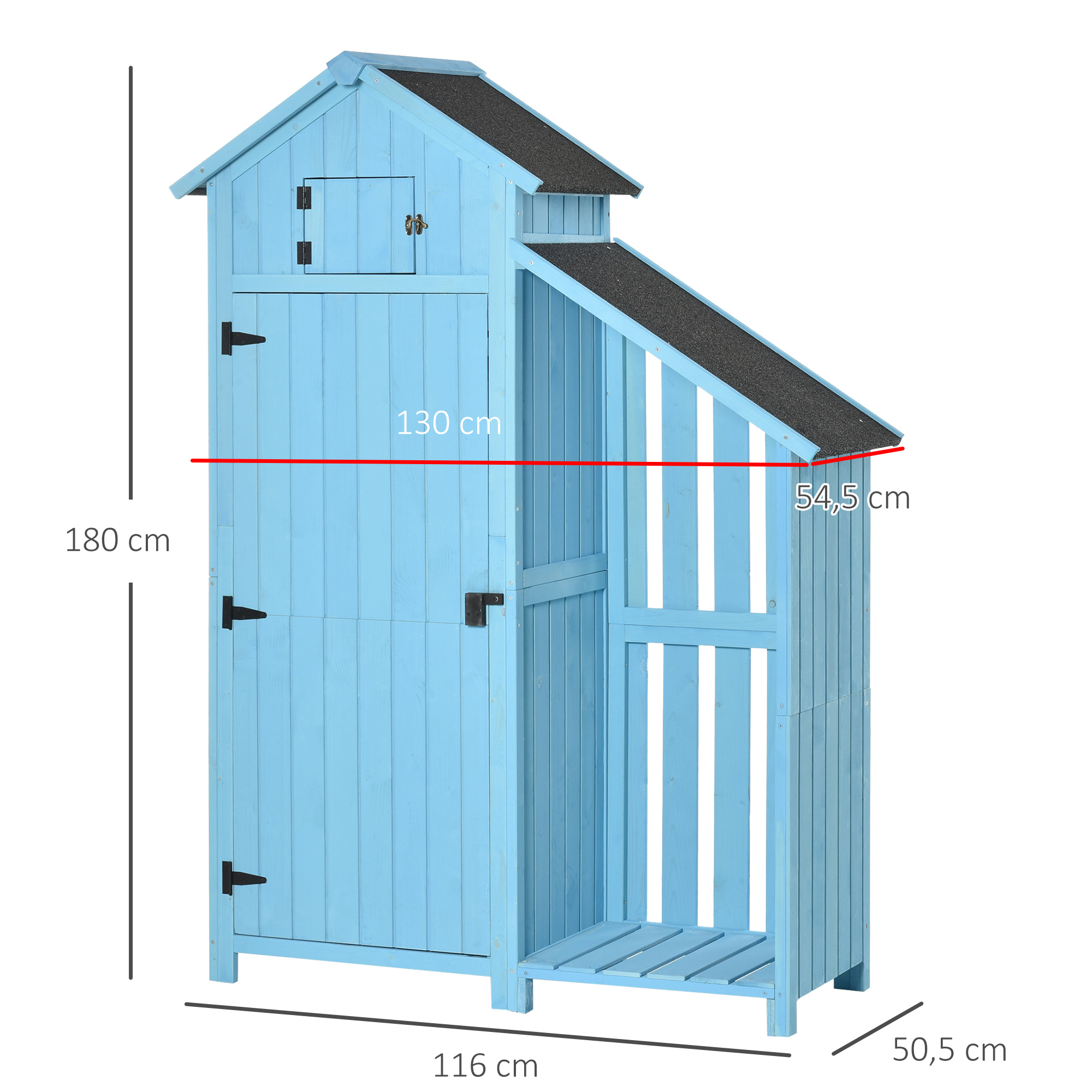 Gartenhaus Gerätehaus Geräteschuppen mit Brennholzlagerraum Geräteschuppen mit 3 Ablagen Asphaltdach Tannenholz Himmelblau 130 x 54,5 x 180 cm
