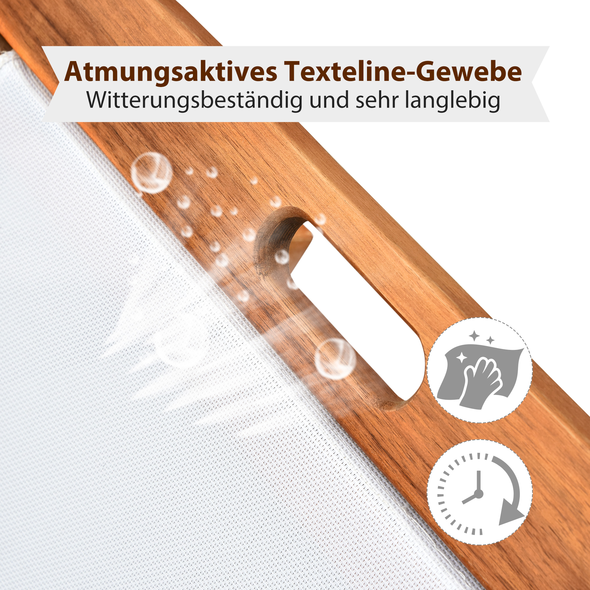 Sonnenliege Relaxliege Gartenliege Gartenmöbel verstellbar Akazienholz Textil Natur+Weiß 198 x 55 x 30-88,5 cm