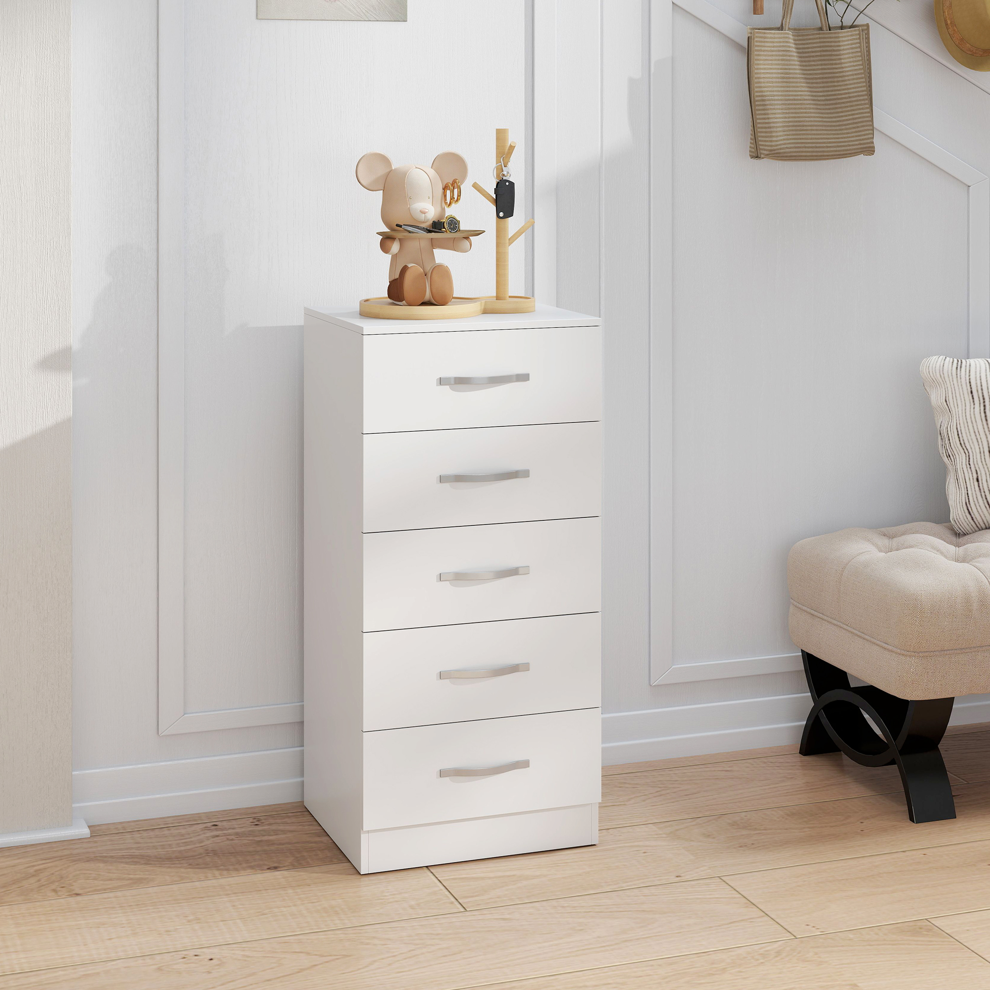 Kommode mit 5 Schubladen, Schubladenschrank für Kleidung und Utensilien, Spanplatte, Weiß