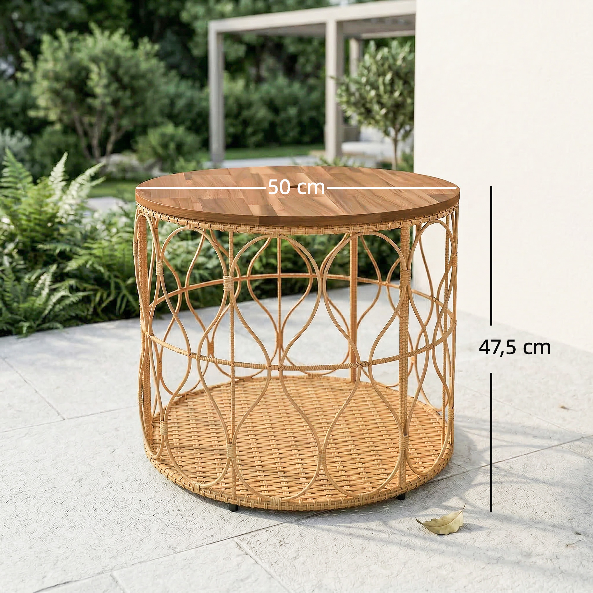 Beistelltisch Ø50 cm wetterfest Gartentisch mit Rattanoptik Akazienholzplatte verstellbaren Füßen Teak