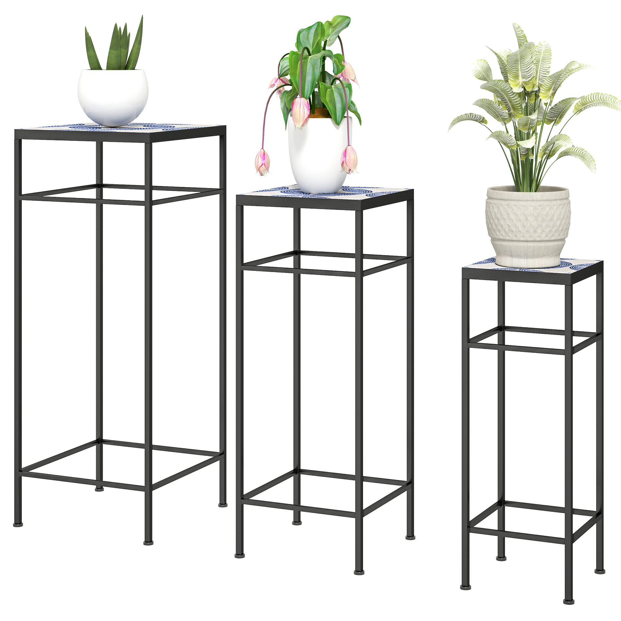 3er-Set Pflanzenständer, 3 verschieden große Gestelle zum Präsentieren von Blumen und anderen Gegenständen, Blau+Weiß
