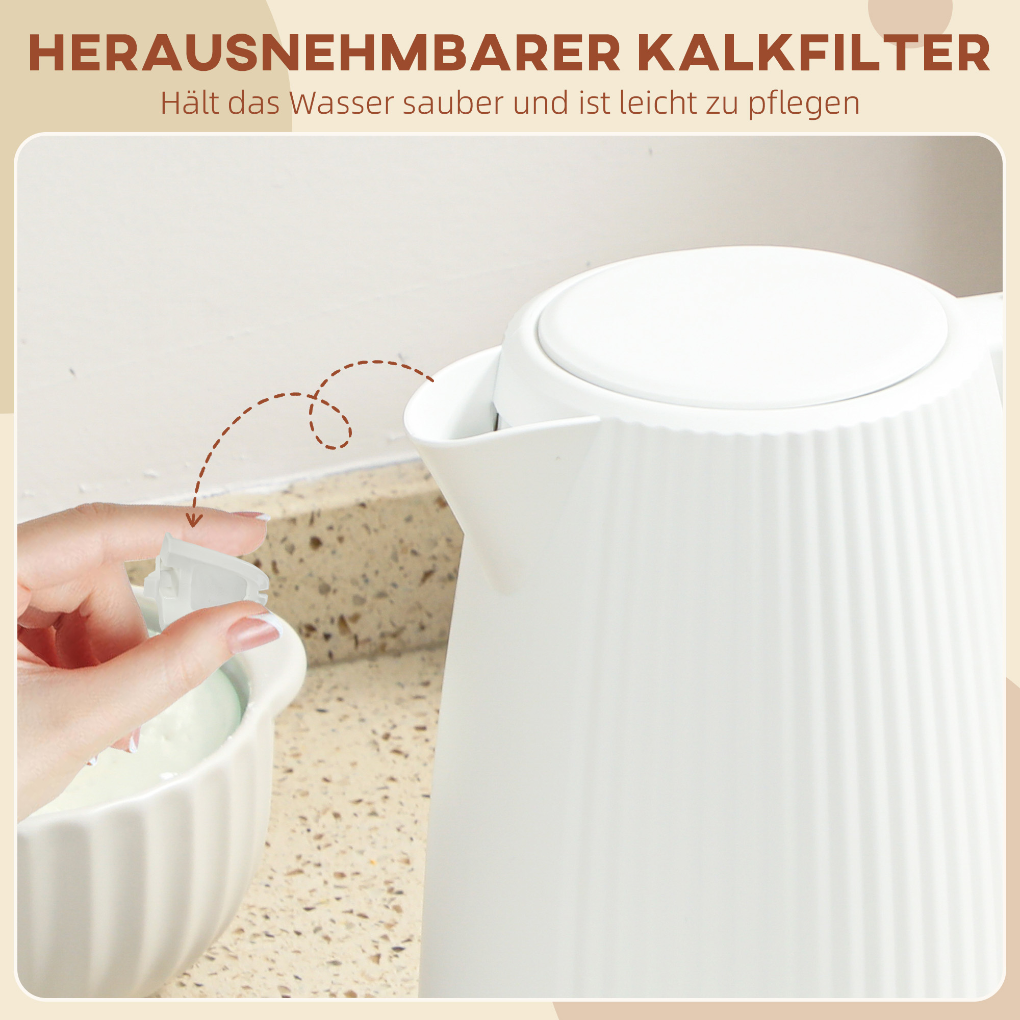 Wasserkocher, 1,7L Schnellkochfunktion, 2200W, mit herausnehmbarem Kalkfilter, Abschaltautomatik, Cremeweiß