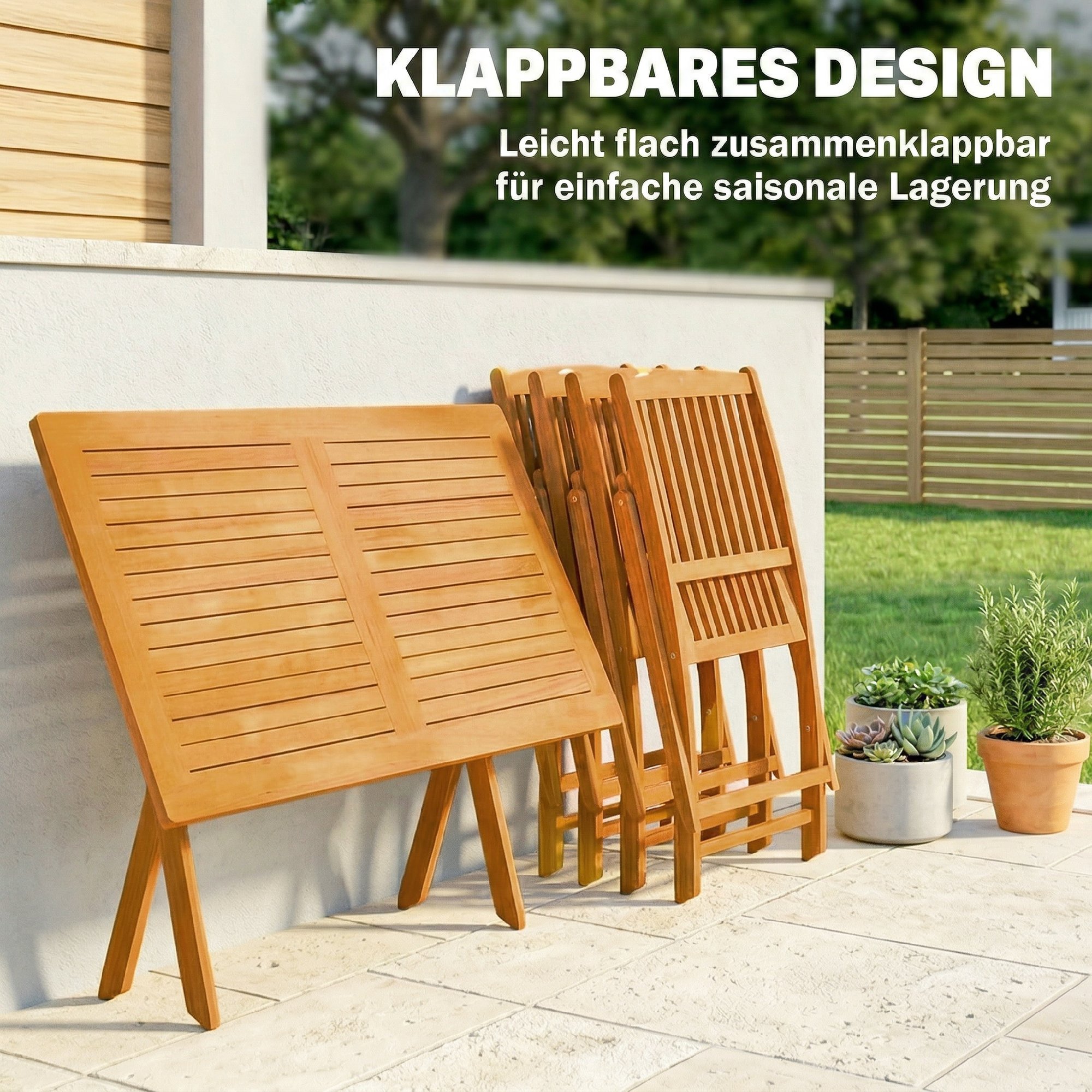 Gartenmöbel Set FSC Holz Sitzgruppe 5-teilig Klappbar Tisch mit 4 Klappstühlen Lamellendesign