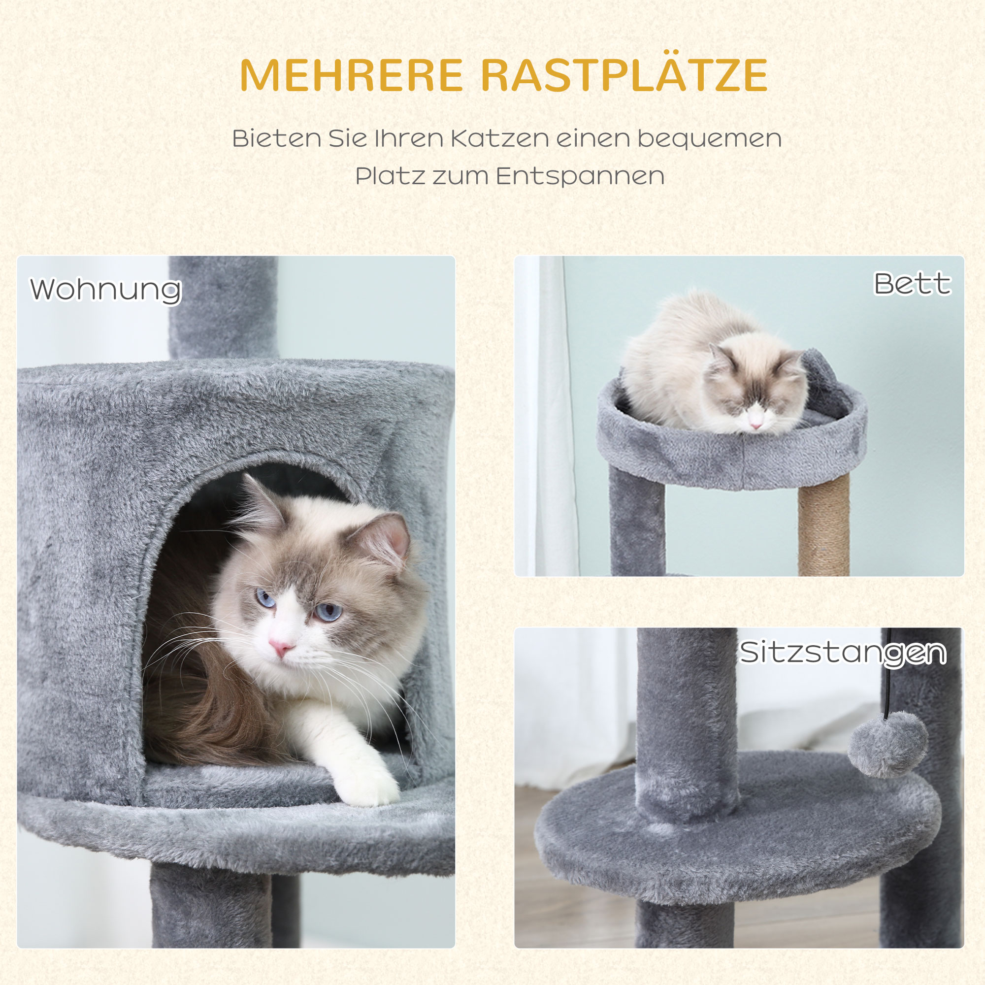 Katzenbaum 4-Stock Katzenhöhle Katzenhaus mit Spielbällen Sitzstange Sisalsäule und Kratzbrett groß stabil luxuriös Sisal Plüsch Grau 48x48x104 cm