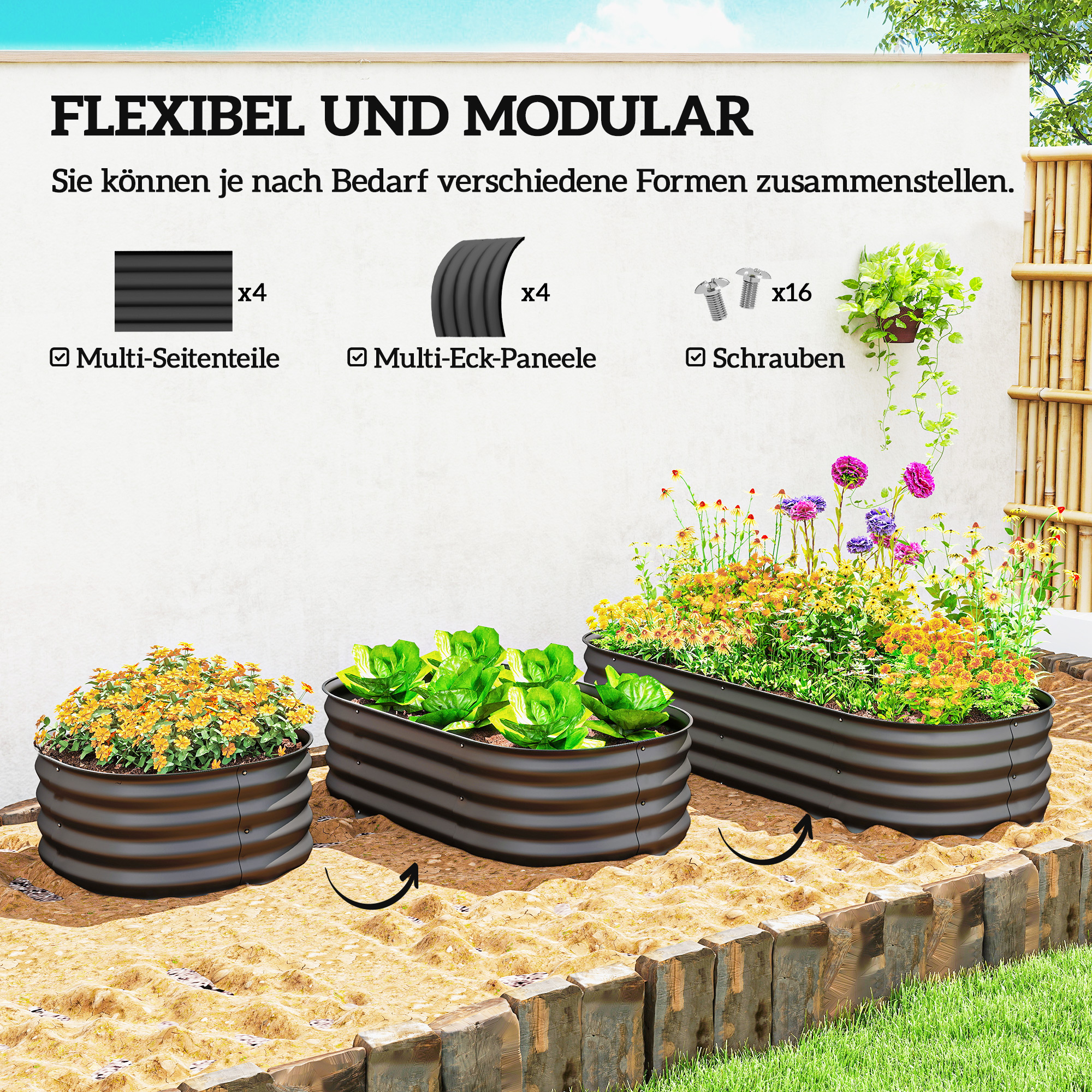Hochbeet Pflanzenbeet, modulares Hochbett, geschützte Kanten, Design ohne Boden,  150 x 62 x 30 cm, Dunkelgrau