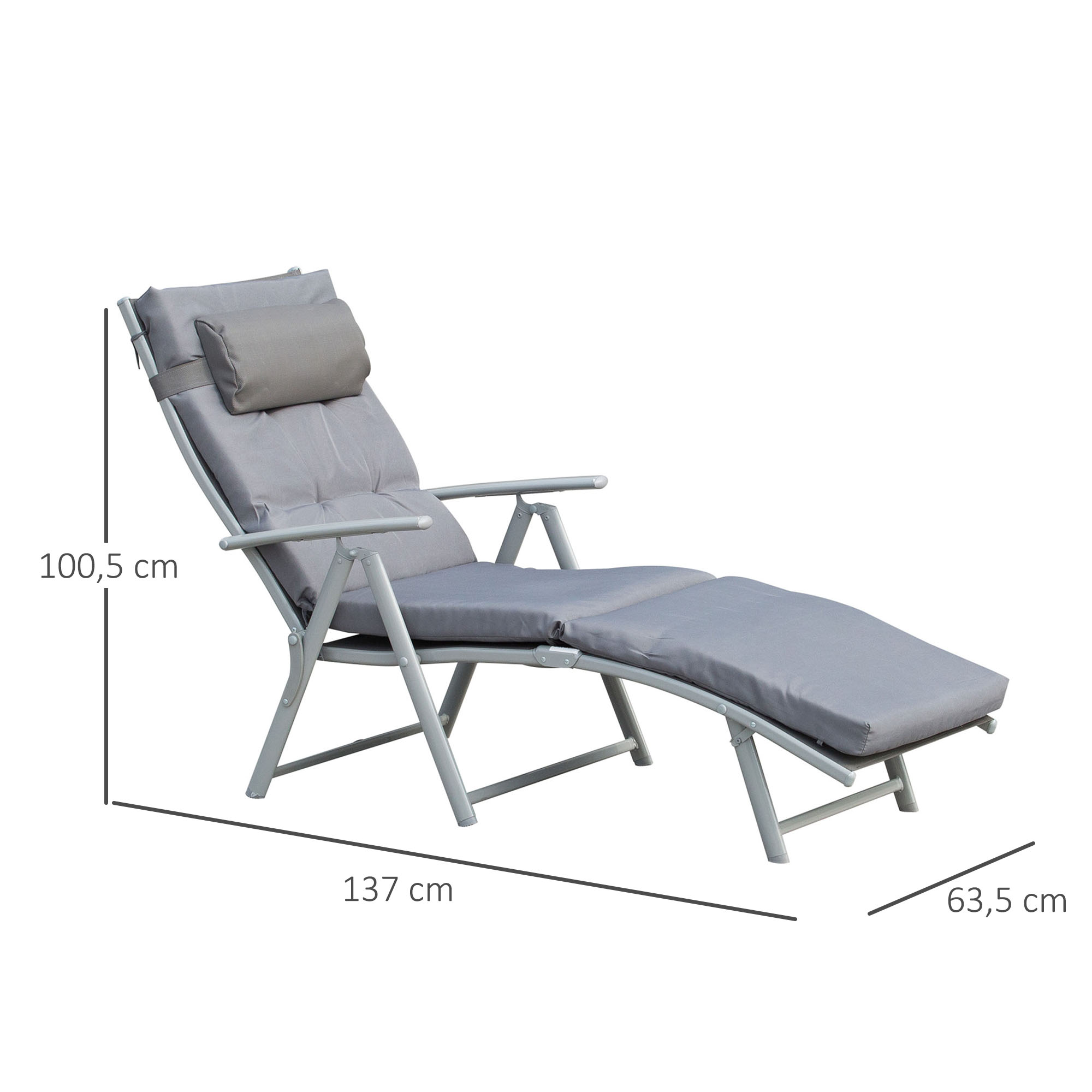 Sonnenliege klappbar Strandliege mit Kopfkissen Sitzkissen Liegestuhl mit 7-Fach verstellbare Rückenlehne Gartenliege Relaxliege bis 165 kg belastbar, für Garten Urlaub Outdoor, Grau