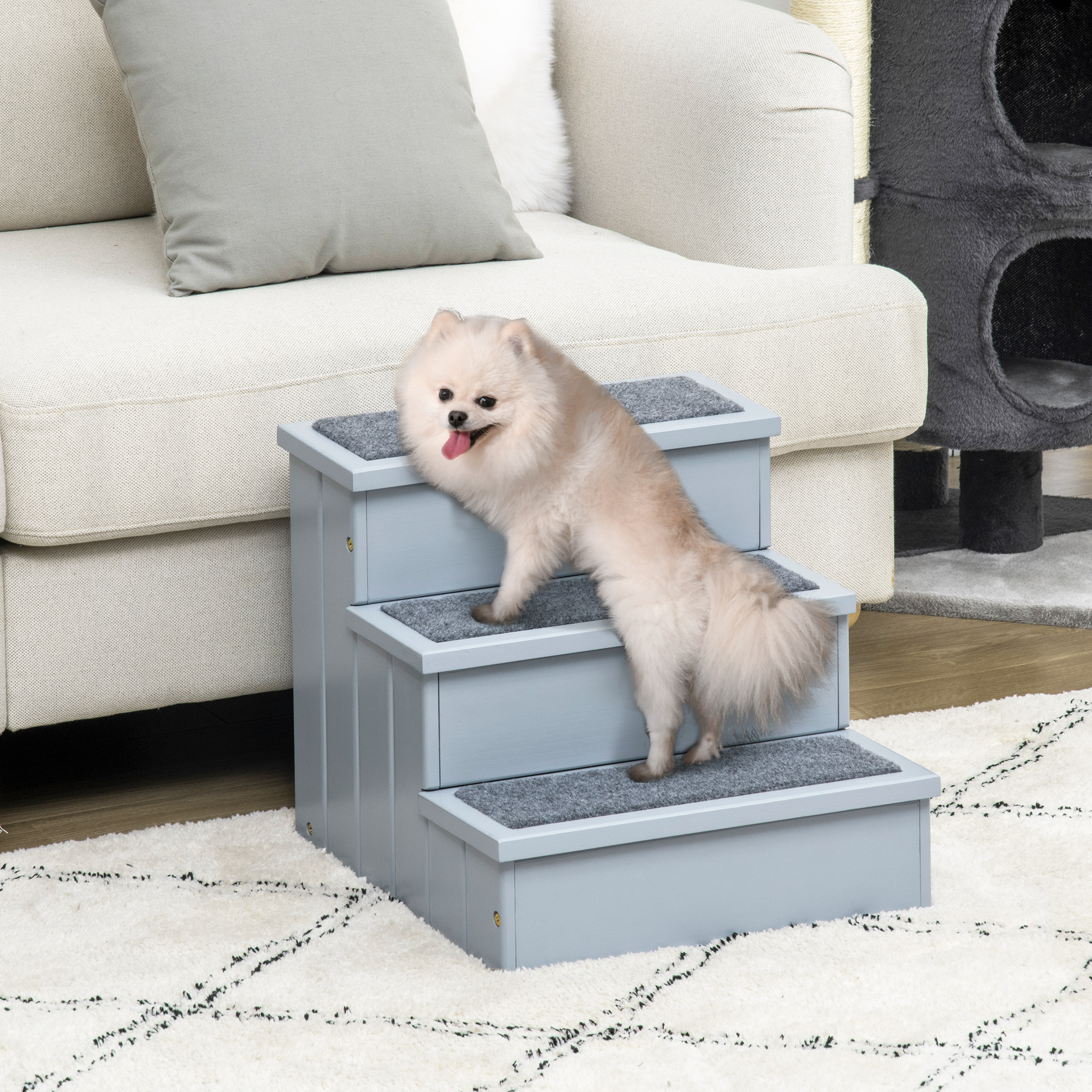 Hundetreppe 3 Stufen 38 cm Hoch Haustiertreppe für kleine bis mittelgroße Hunde Katzentreppe Hunderampe Einstiegshilfe für Bett, Sofa, Couch und Auto Grau