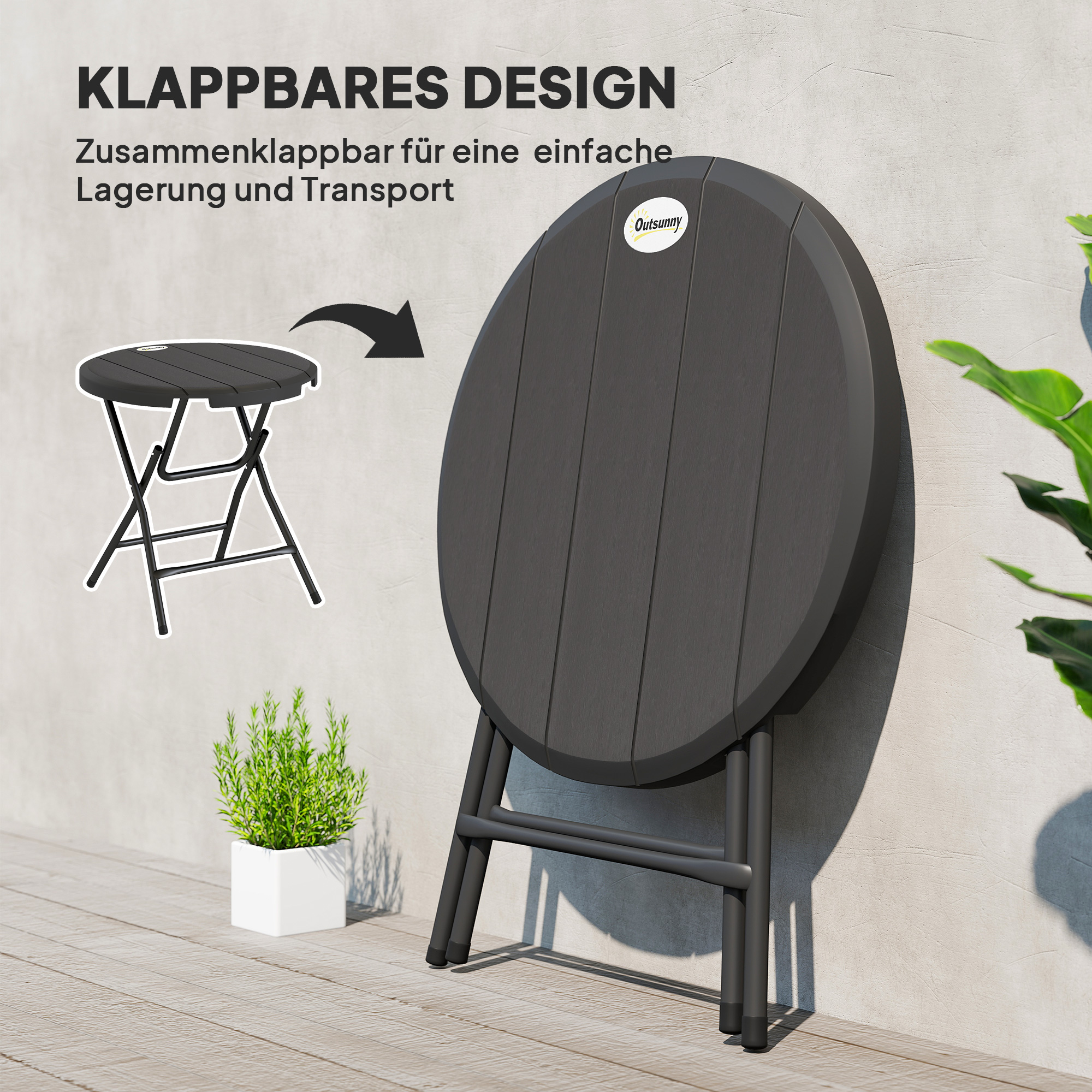 Gartentisch, rund, klappbar, für 4 Personen, Holzoptik, Stahl+Kunststoff, dunkelgrau, 80 x 80 x 73 cm
