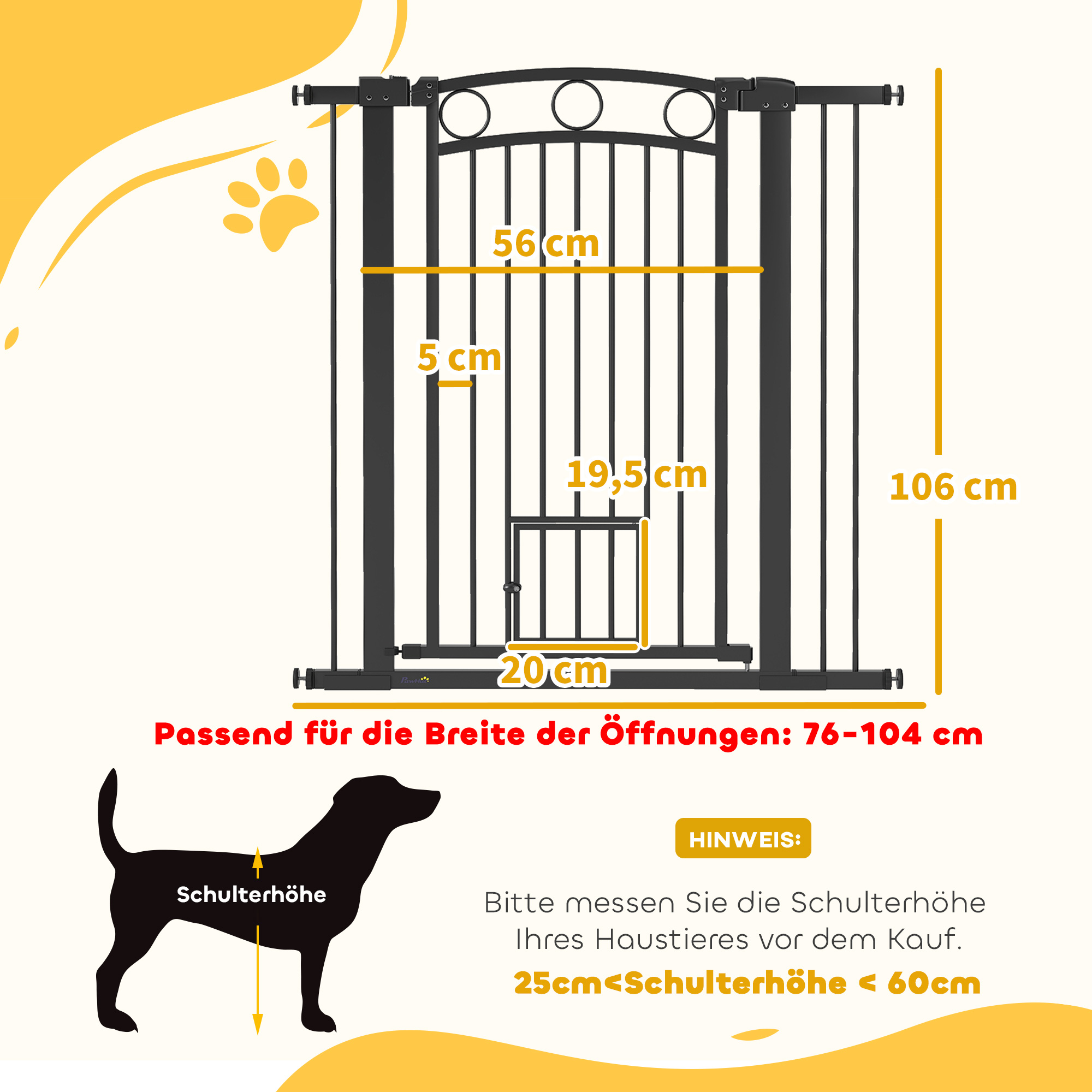 106 cm hohes Haustiergitter mit anpassbarer Breite, integrierte Katzentür, für Treppen und Türrahmen, Schwarz