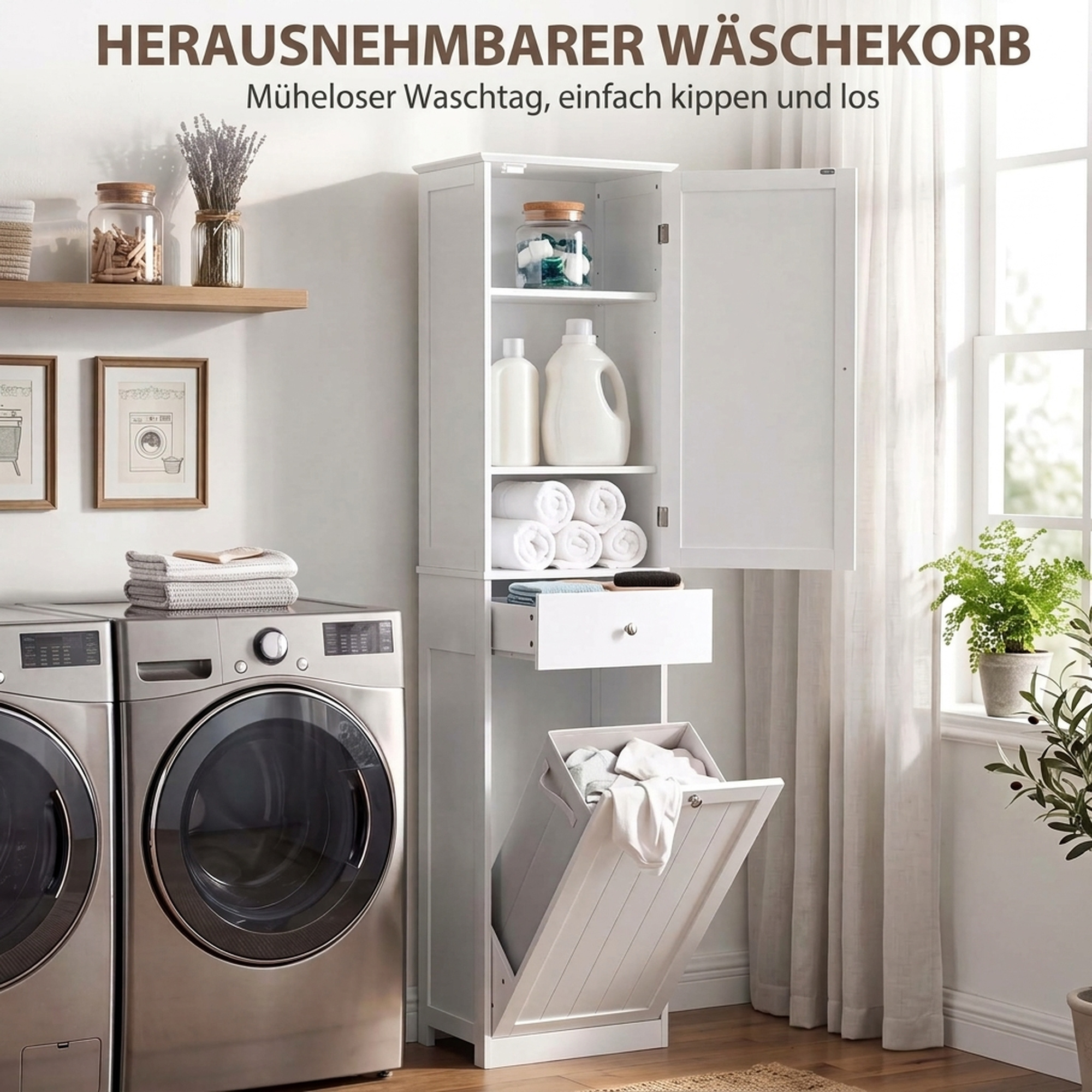 Hochschrank Badezimmer mit Kippbarem Wäschefach Badschrank Schmal 180cm Weiß