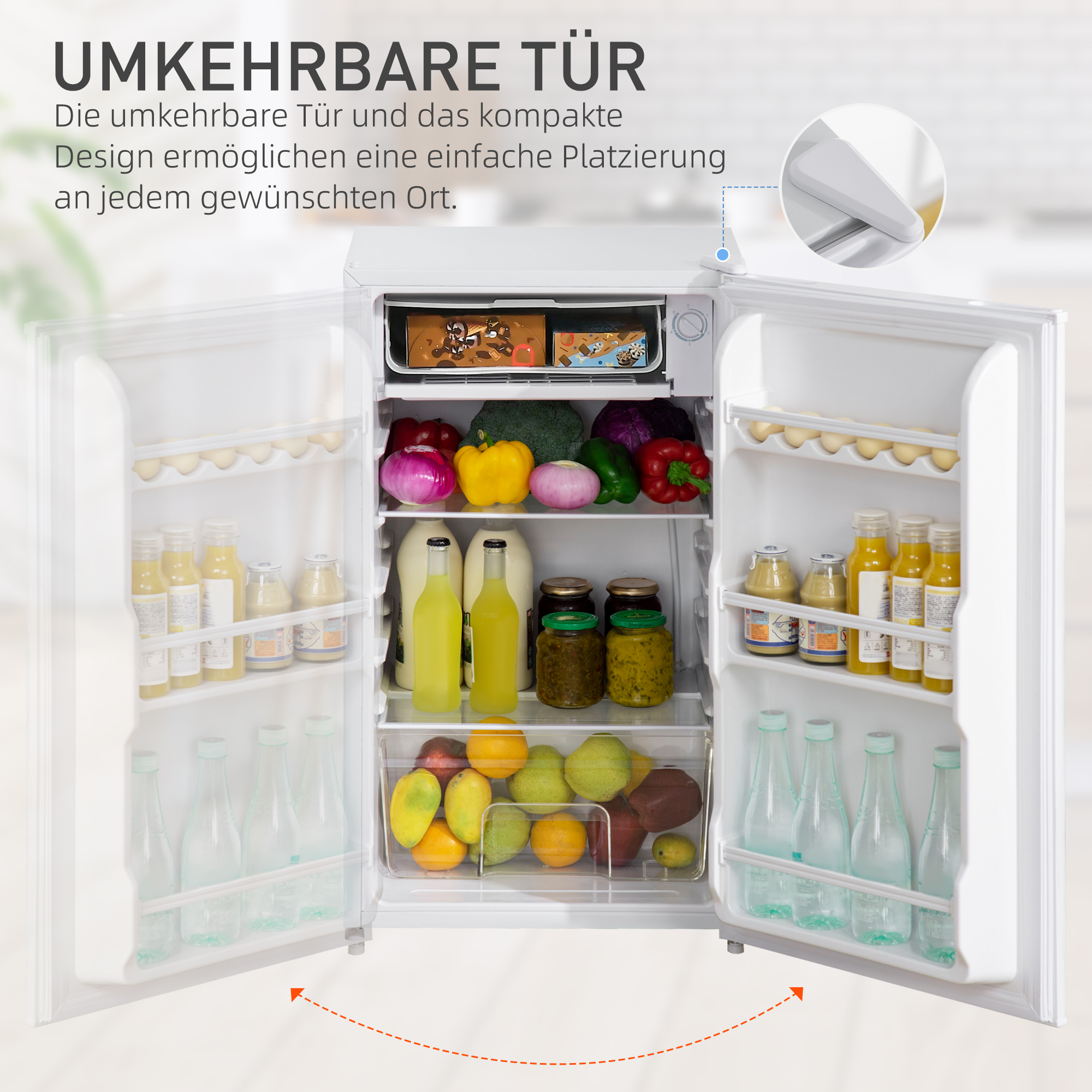 Mini-Kühlschrank, 91 Liter Kapazität, Gefrierfach, verstellbare Fächer, leiser Betrieb, kompakte Größe, Kunststoff, Stahl, Weiß