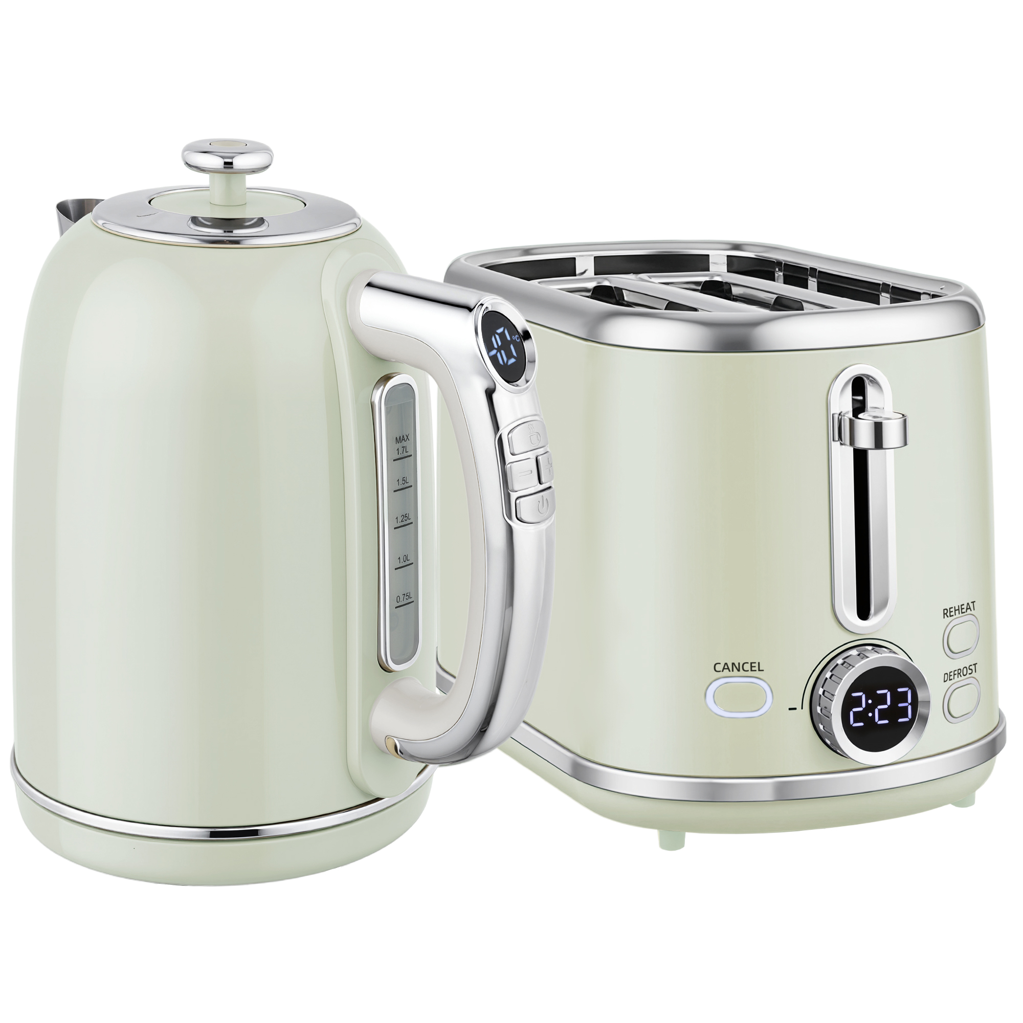 Wasserkocher- und Toaster-Set, LED-Anzeige, 1,7 Liter, 2200W, Retro-Design, Memory-Funktion, Grau Wasserkocher- und Toaster-Set, LED-Anzeige, 1,7 Liter, 2200W, Retro-Design, Memory-Funktion, Grau