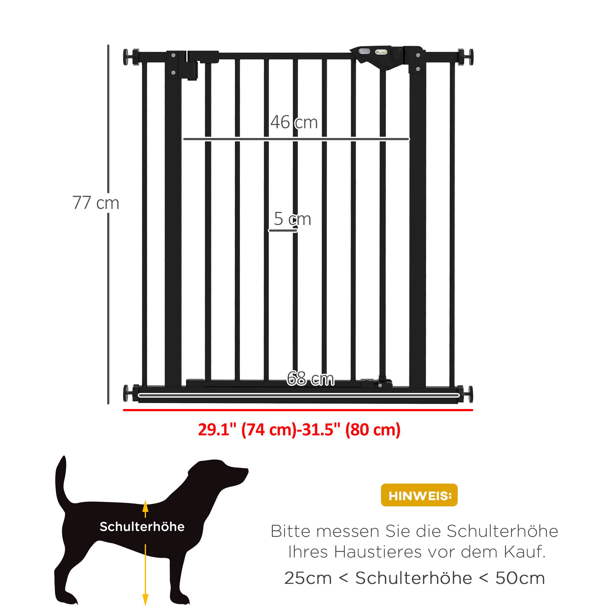 Türschutzgitter für Hunde, Absperrgitter, Schutzgitter für Haustiere, Metall, Kunststoff, 74-80 cm, Schwarz