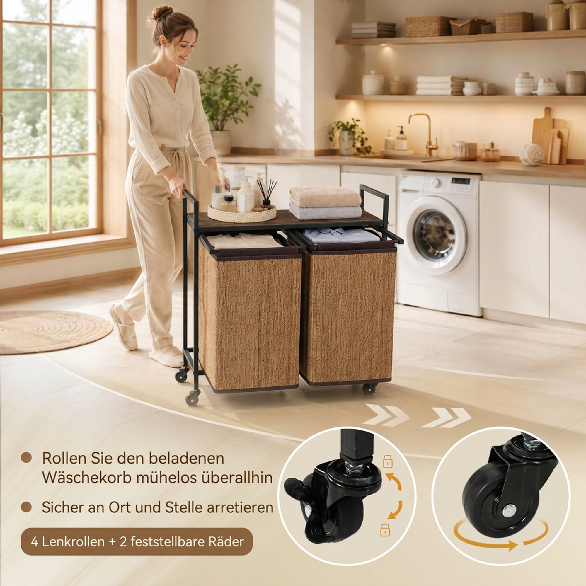 Wäschekorb Bambus 2 Fächer 120 L Wäschesammler mit Regal Ablage, Wäschebox Wäschesack, Rollbar 73x33x78 cm, Braun