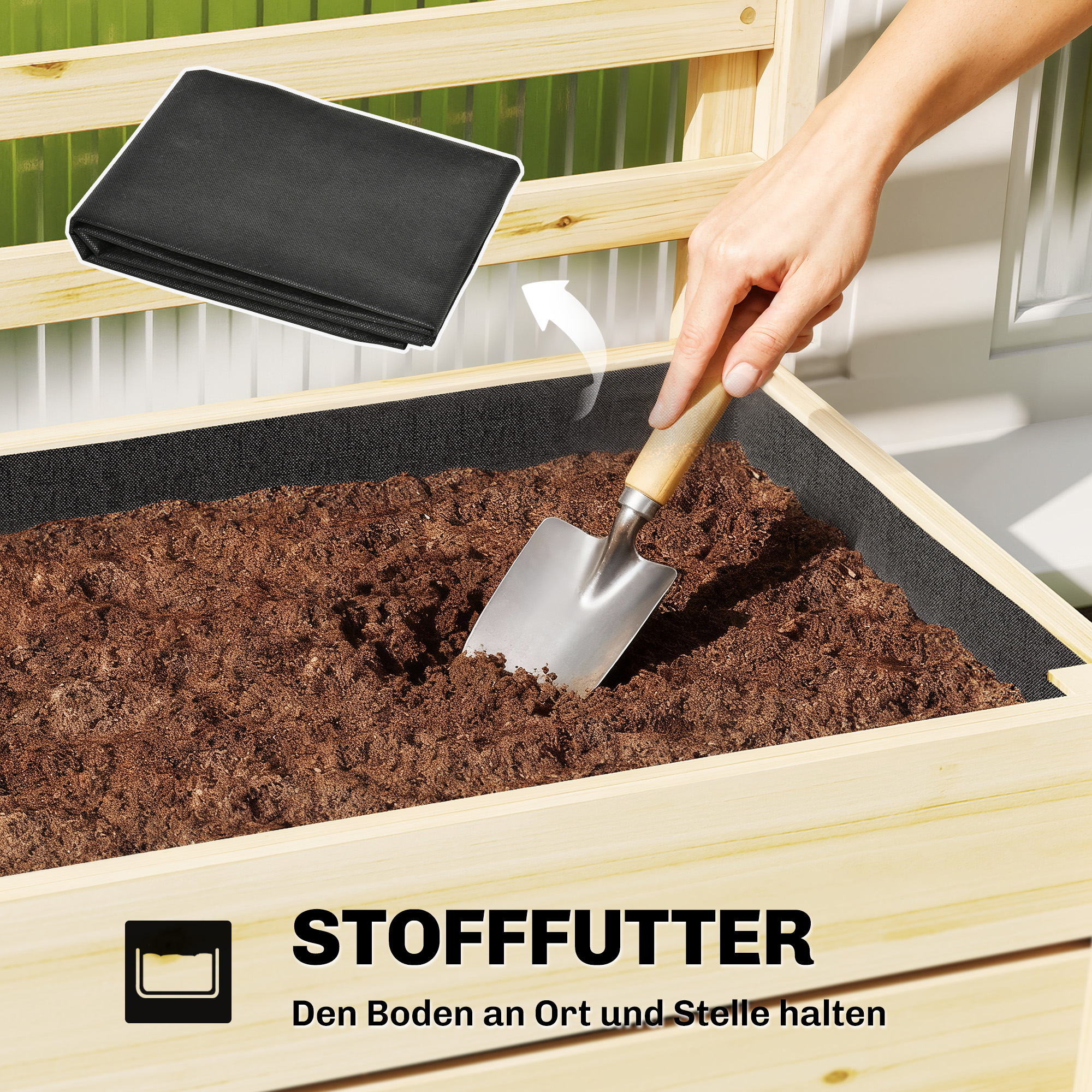 Hochbeet mit Rankgitter Holz erhöhter Blumenkasten mit Spalier Abflussloch Vliesstoff 60 x 39 x 120 cm Naturholz