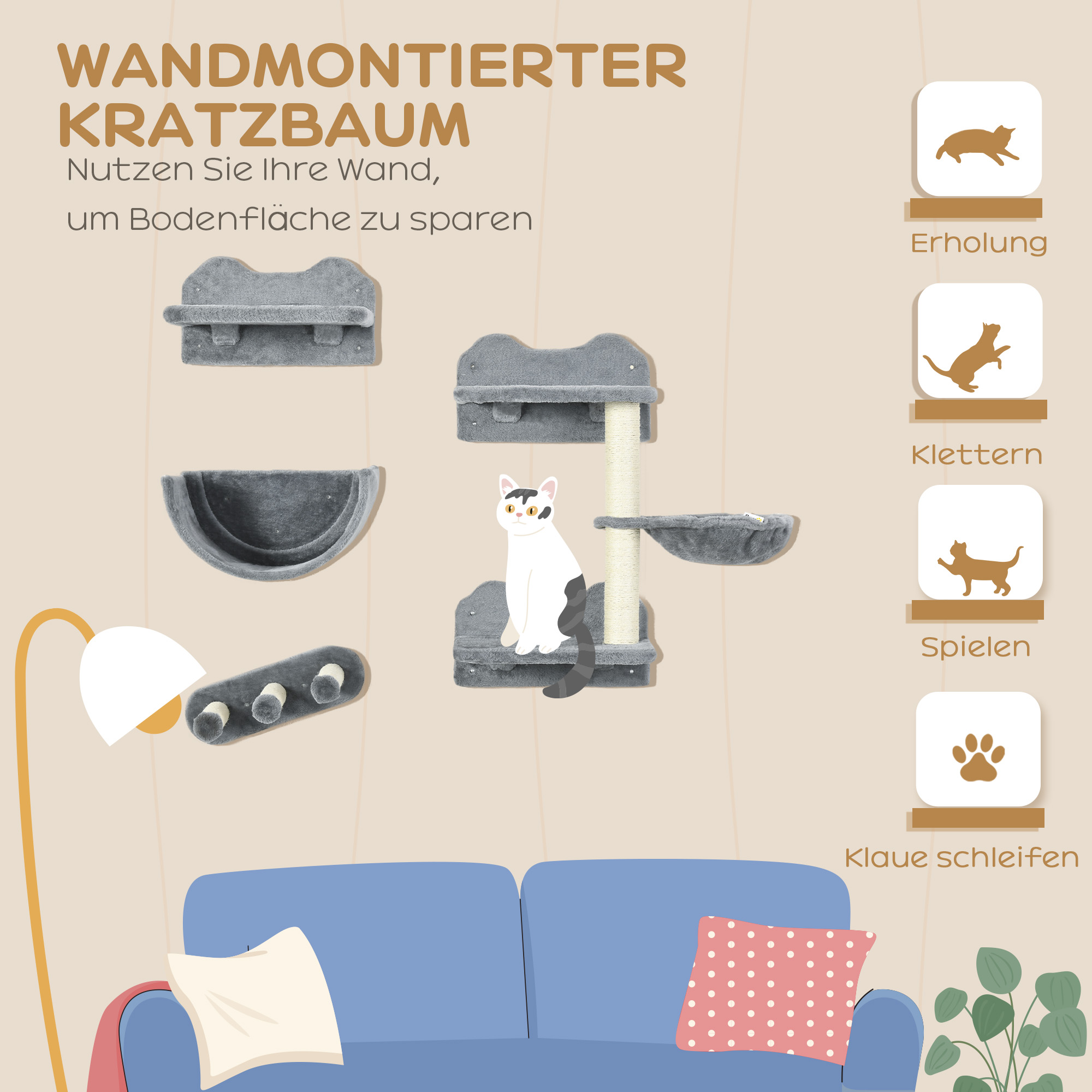Kletterwand-Set für Katzen, Hängematte, Kratzbrett, Sprungplattformen, Plüsch, Sisal, Grau