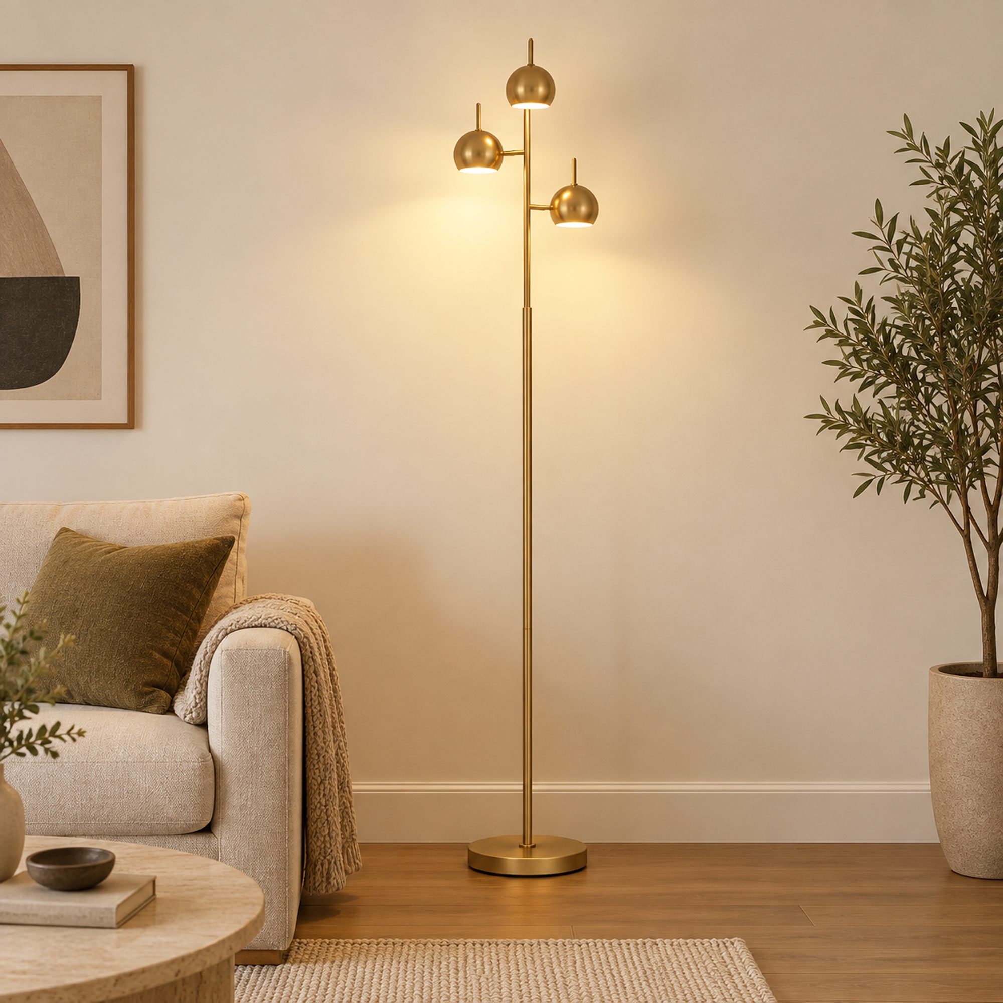 Stehlampe 350° verstellbar für Wohnzimmer und Büro Stehleuchte mit 3 Schirmen aus Stahl Gold
