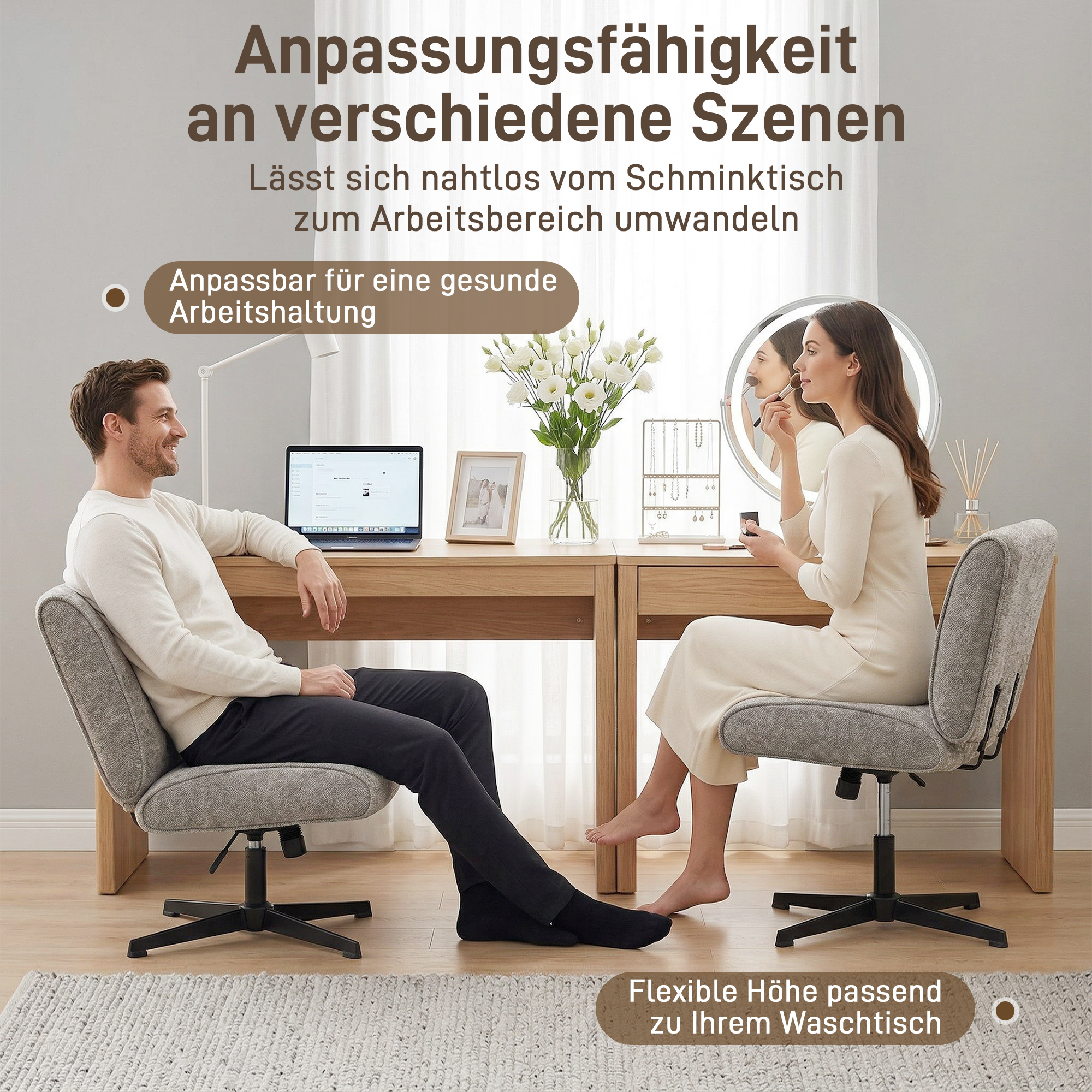 Drehbarer Akzentstuhl, Samtgepolsterter Lounge-Sessel mit Höhenverstellung für Wohnzimmer, Büro, Grau