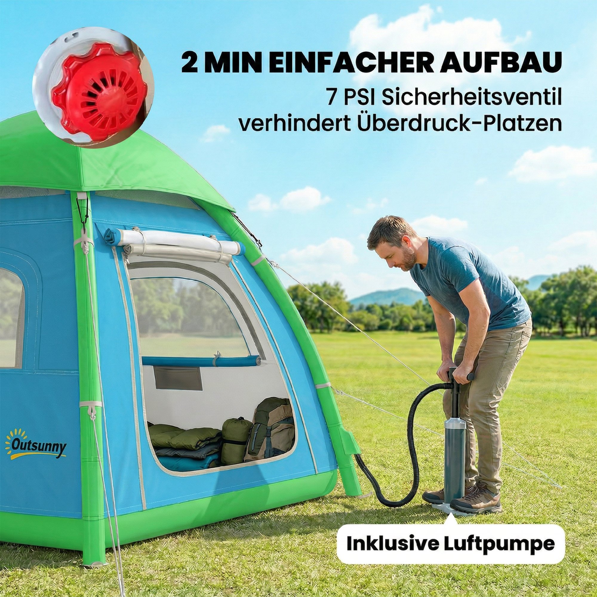 aufblasbares Zelt 3 Personen Schneller Aufbau Outdoor Camping Zelt mit Luftpumpe Meshfenster abnehmbar Dach