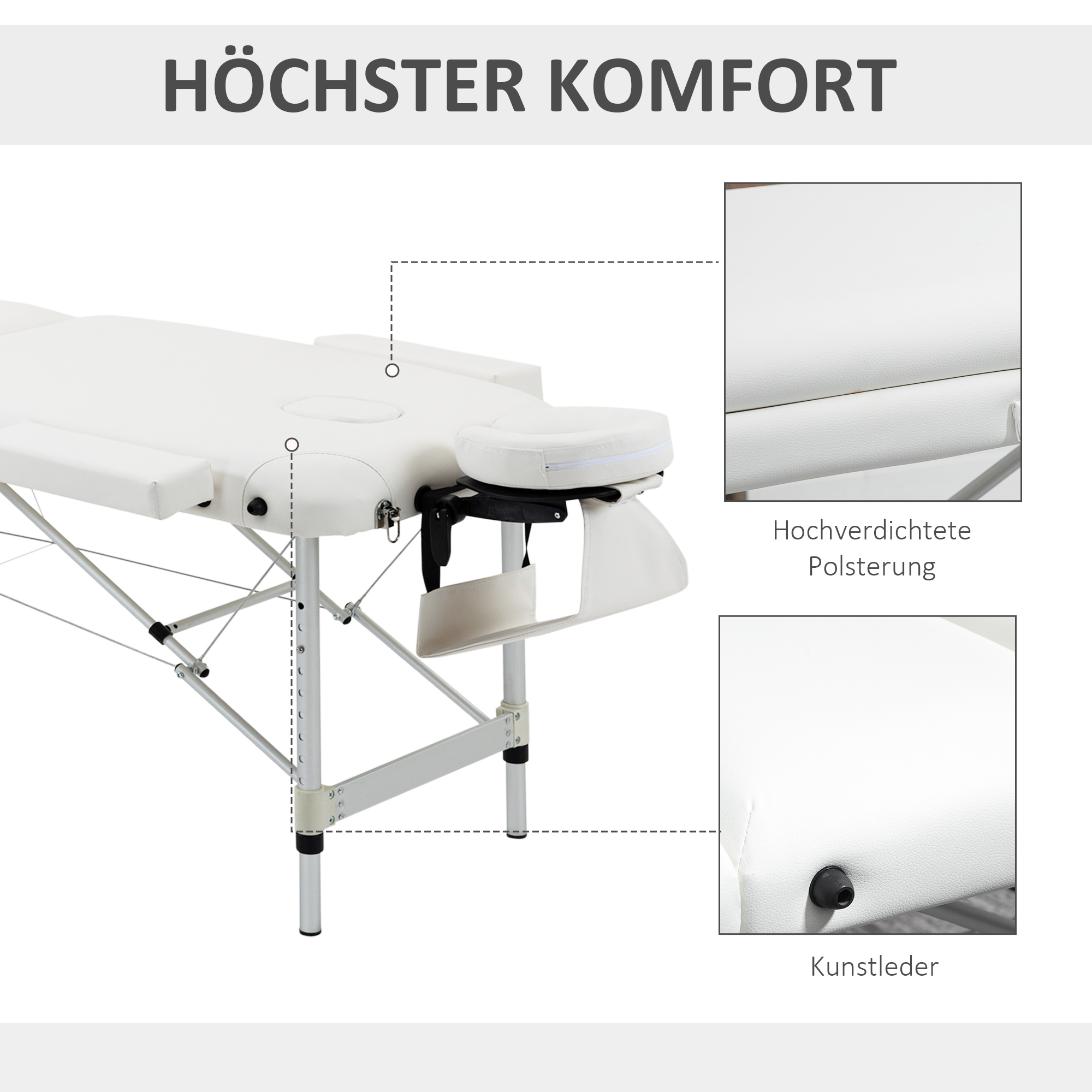 Mobile Massageliege 3 Zonen Klappbar Massagetisch mit Kopfstütze Armlehne Tragetasche höhenverstellbare Aluminium Massagebett tragbar inkl, Zubehör Massagebank bis 225 kg Belast Weiß
