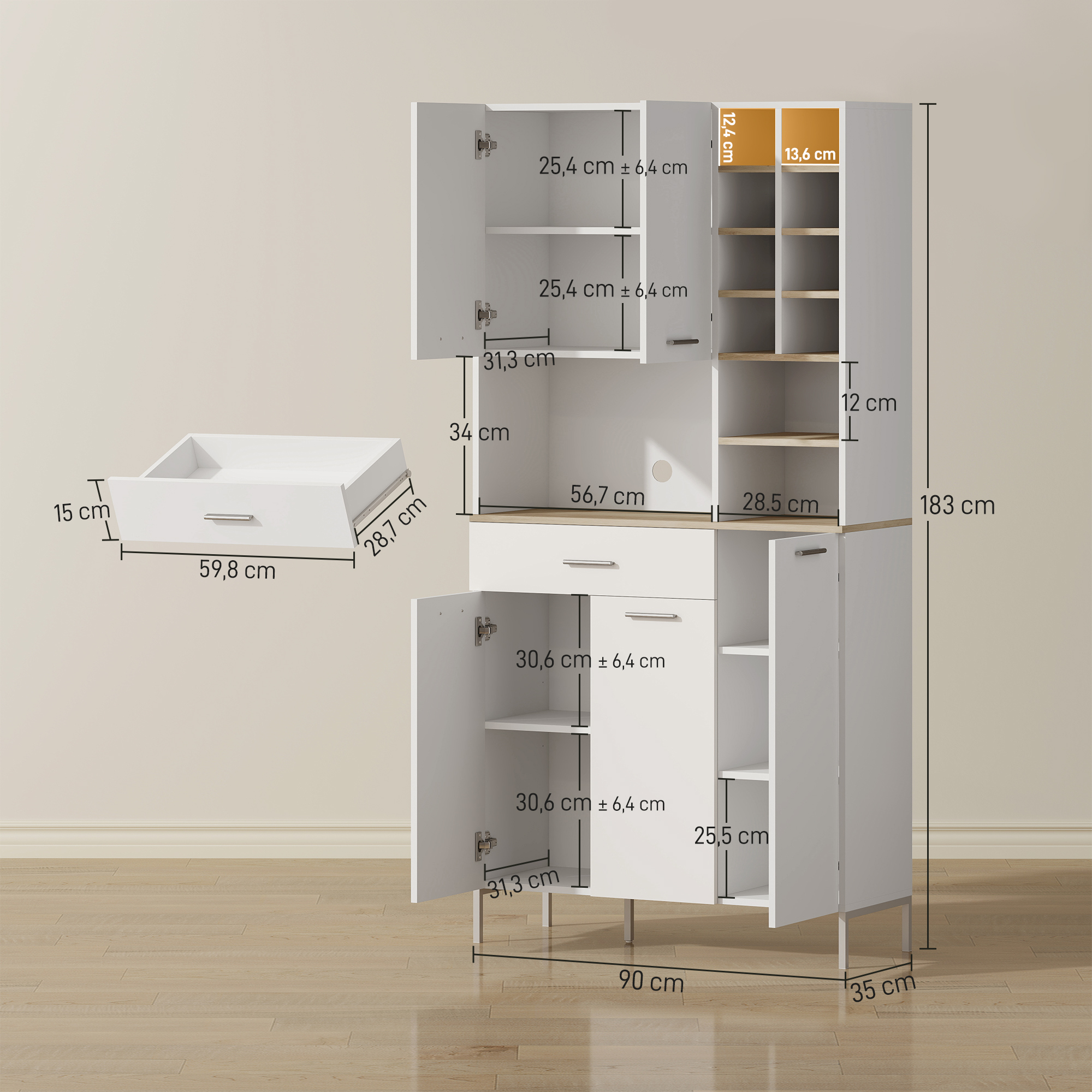 Küchenschrank mit offenen Regalen, Fächern, Weinregal, Vorratsschrank mit 5 Schranktüren, MDF, Weiß