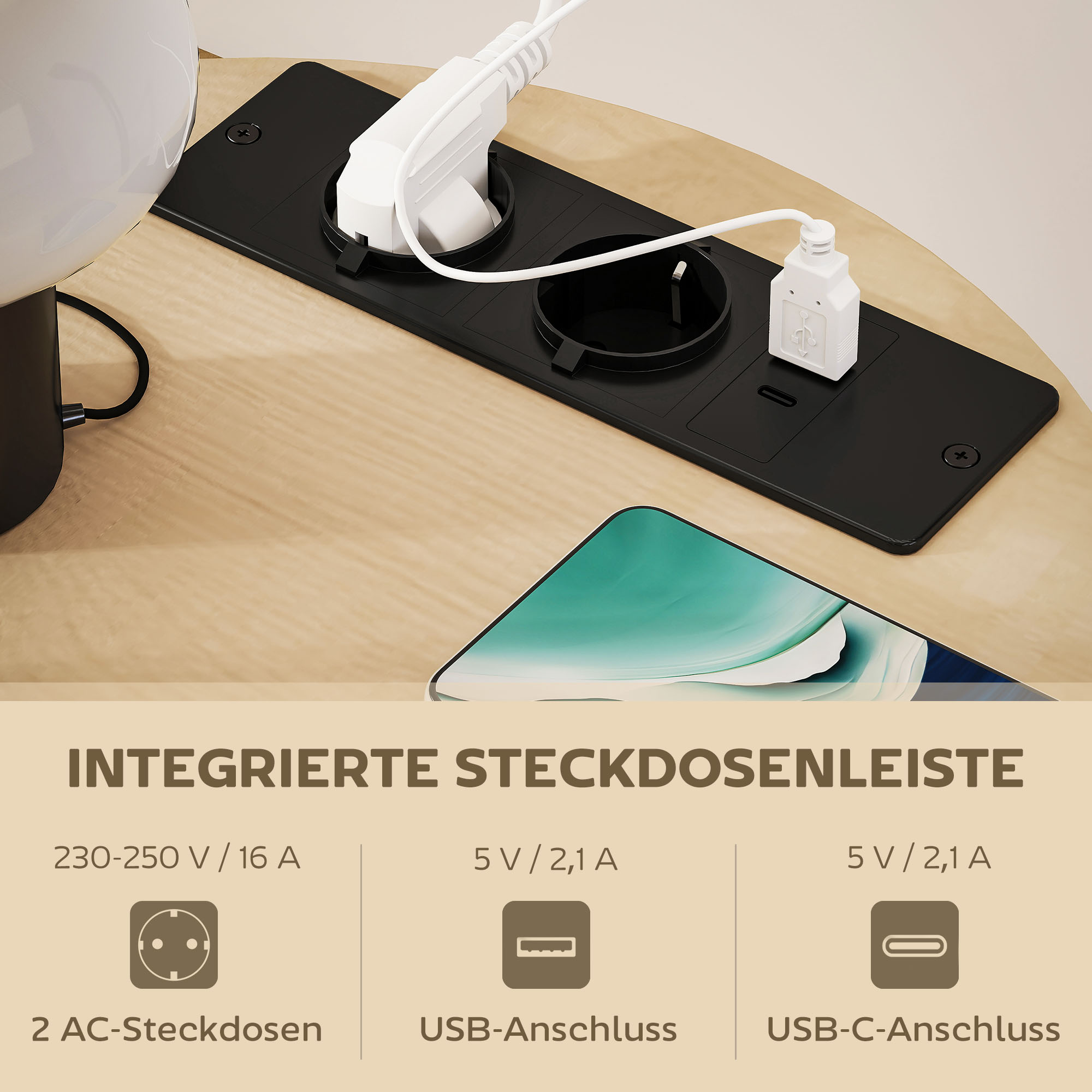 Beistelltisch 3-stufiger Couchtisch mit Ladestation, Stoff-Aufbewahrungstasche, Ablage, 50x50x55,1 cm Naturholz