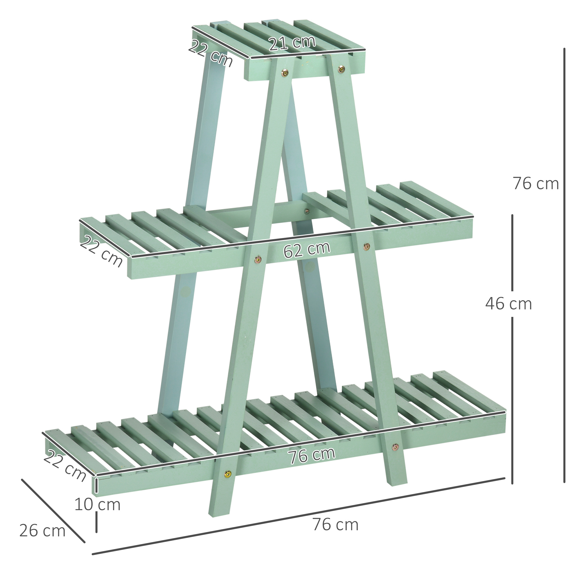 Pflanzenregal mit 3 Ebenen, für 6 Blumentöpfen, wetterbeständig, 76 cm x 26 cm x 76 cm, Hellgrün